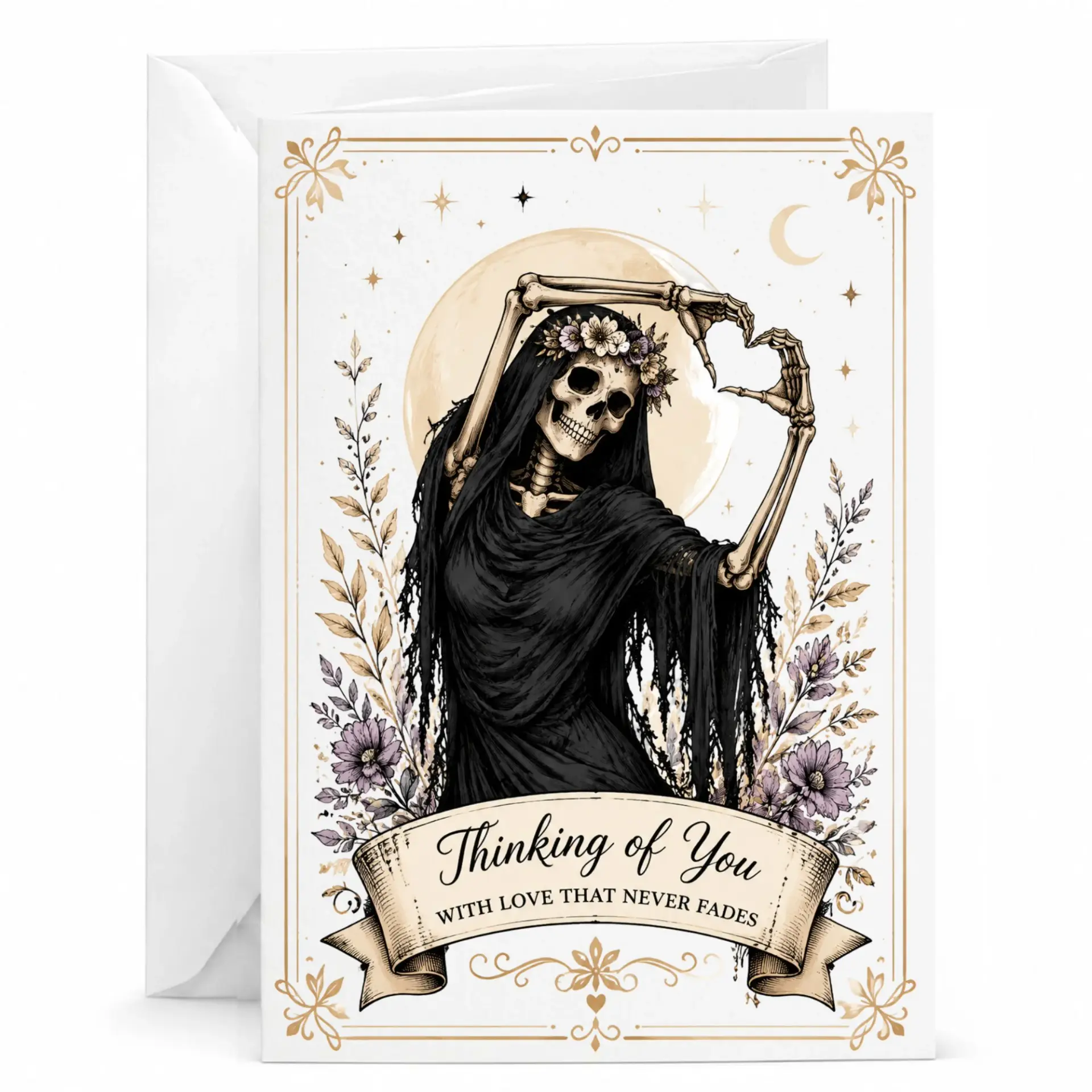 Greeting Card Thinking of You with Love That Never Fades Featuring Gothic Floral Skeleton Art 5x7 Inches