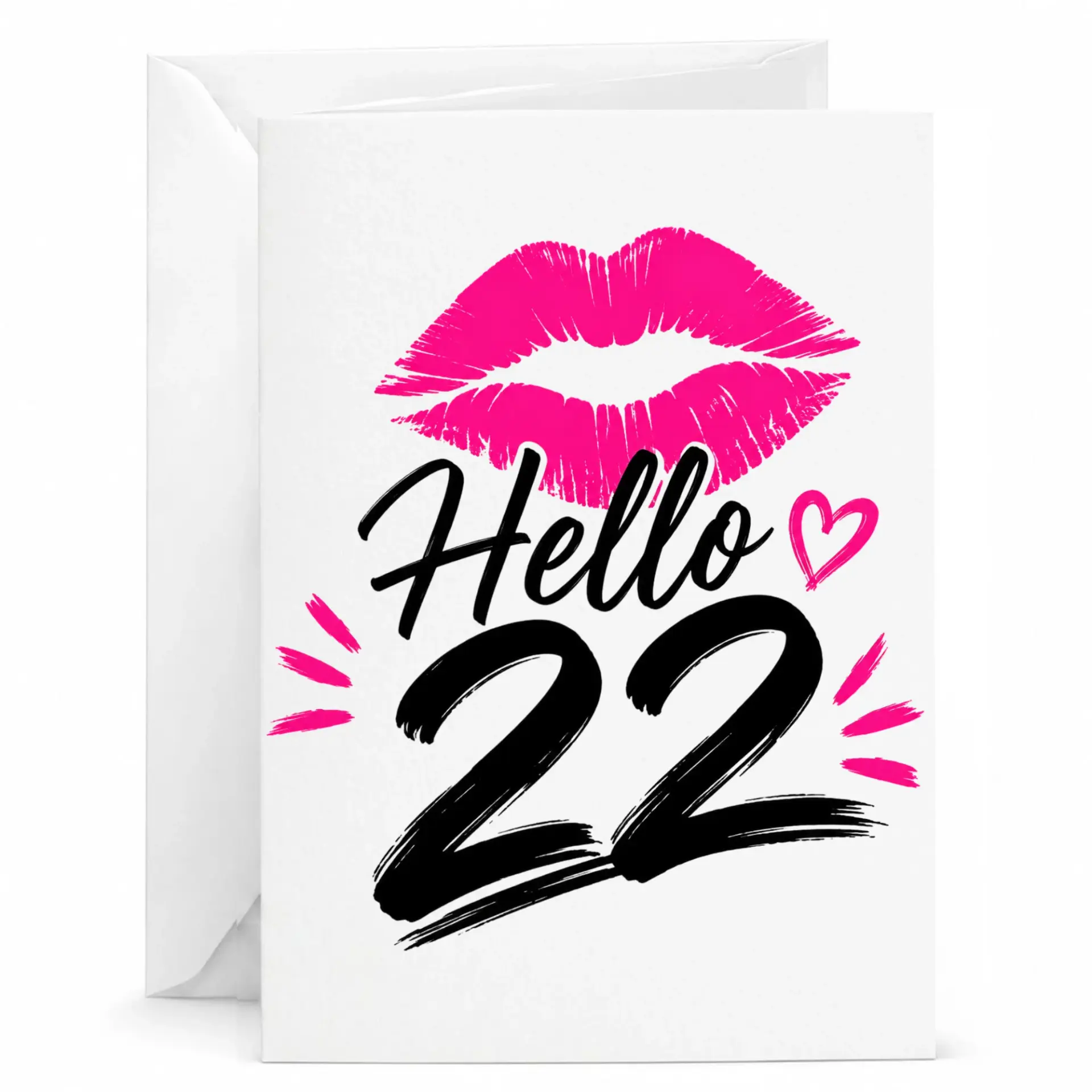Birthday Card Hello 22 Greeting Card for Milestone Celebration Featuring Hot Pink Lip Print and Elegant Script Text