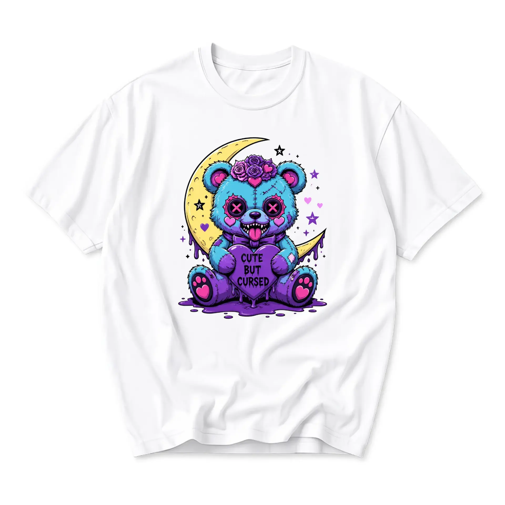 Graphic Tee Cute but Cursed Teddy Bear Unisex Cotton Crew Neck Short Sleeve Casual Everyday Apparel Streetwear Style