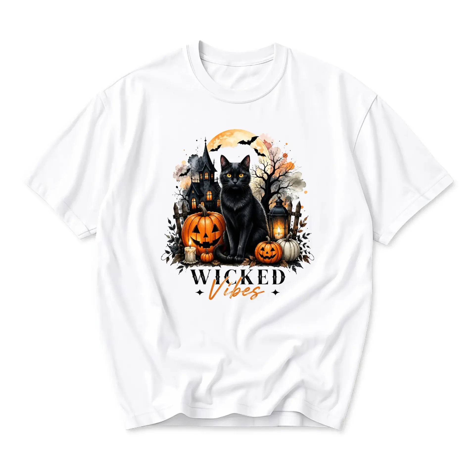T-shirt Wicked Vibes Black Cat Graphic Tee Halloween Inspired Cotton Unisex Crew Neck Casual Everyday Shirt