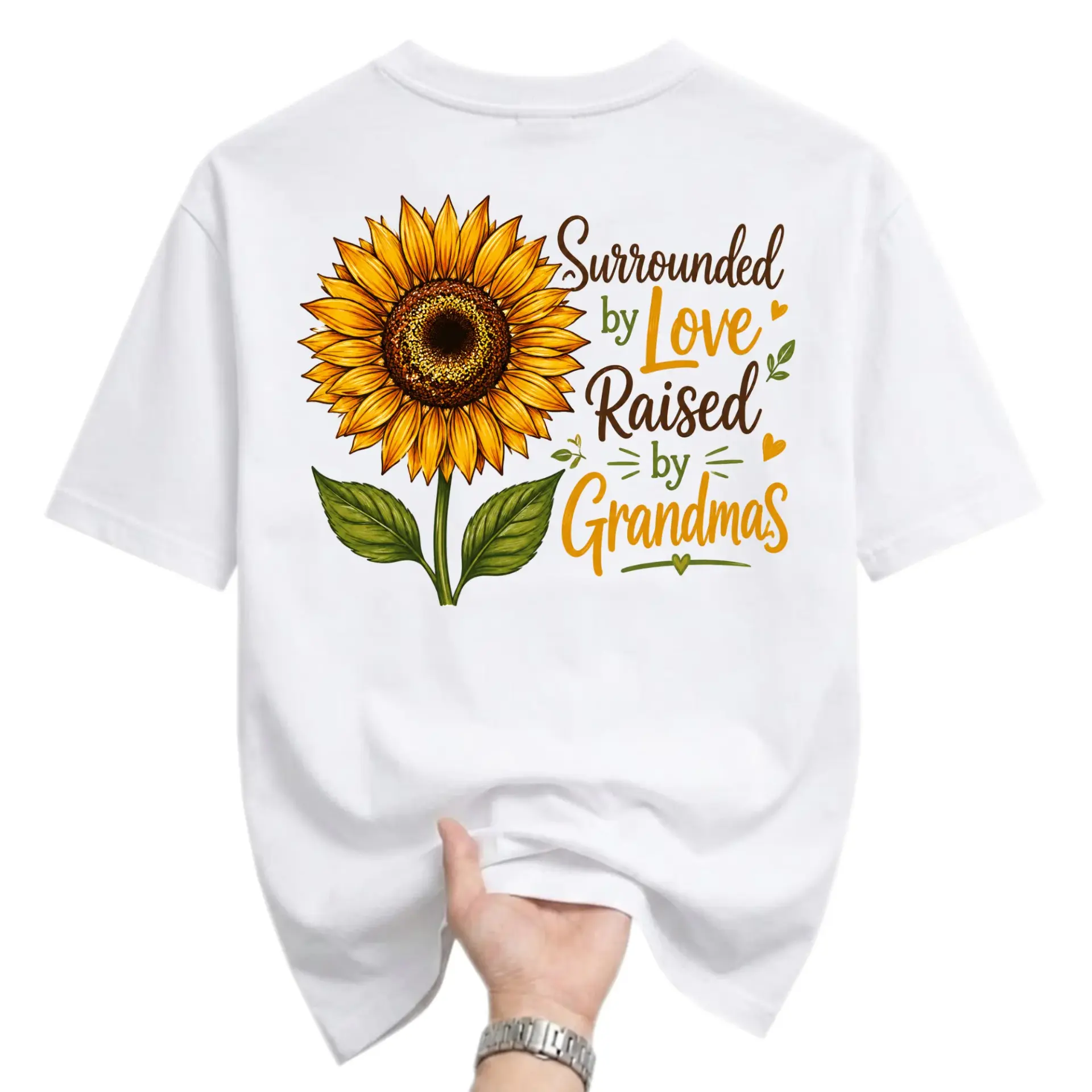 Graphic Tee Surrounded by Love Raised by Grandmas Sunflower Design Unisex Casual Crew Neck Comfortable Cotton Shirt