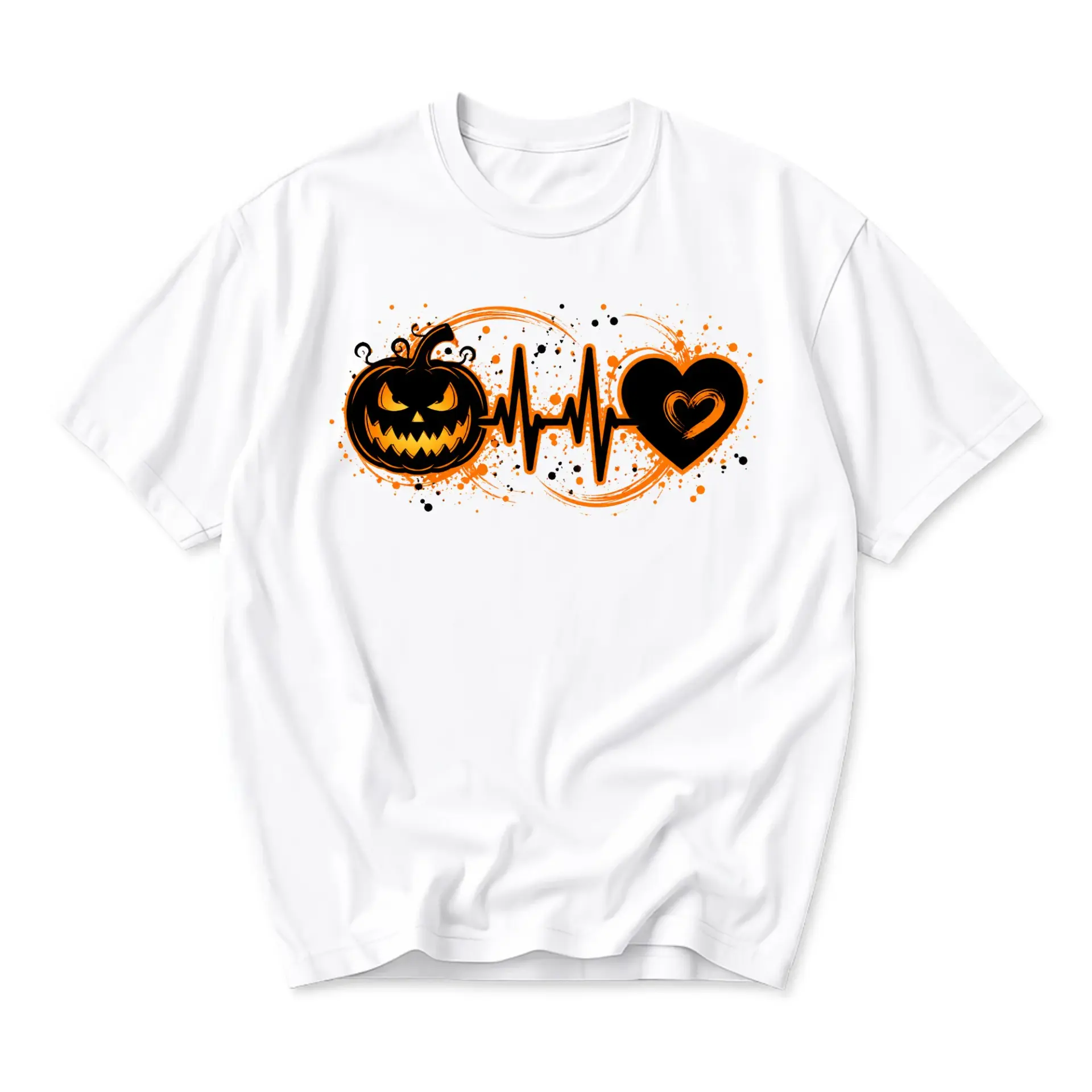 Graphic Tee Unisex Halloween Pumpkin Heartbeat Print Casual Crew Neck Cotton Blend Shirt Seasonal Holiday Apparel