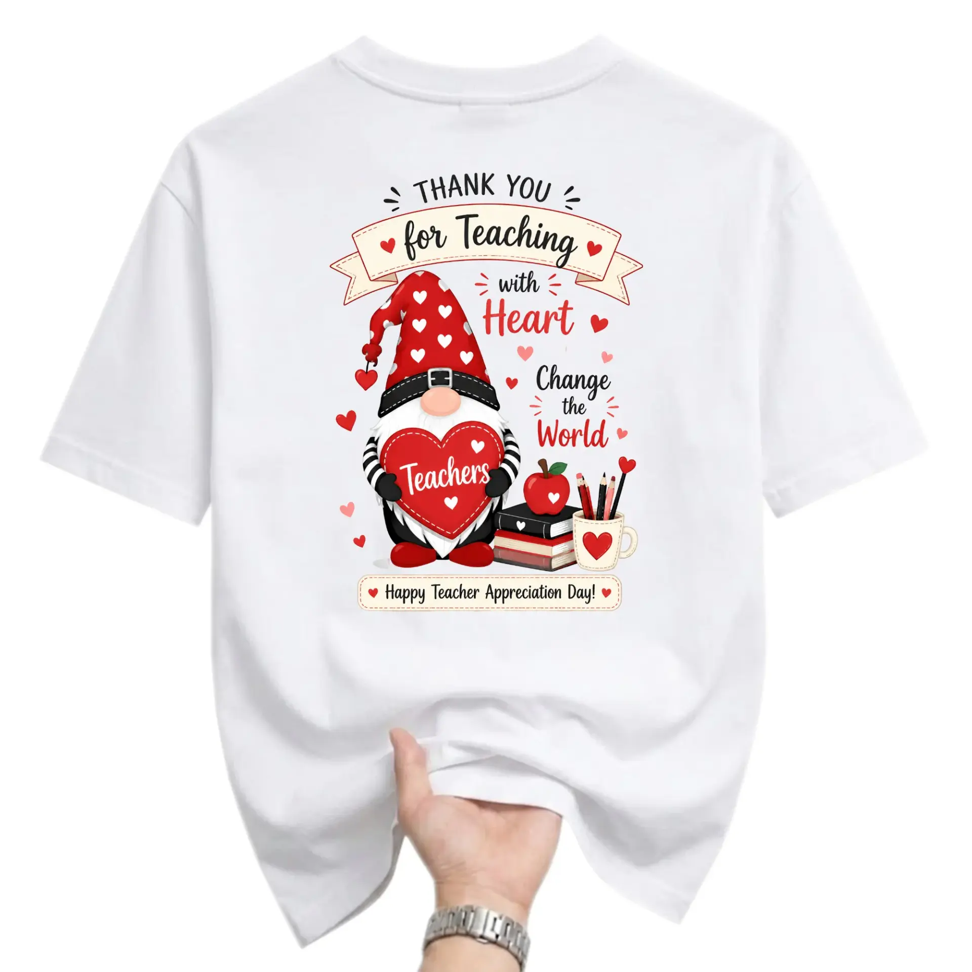 T-shirt Graphic Tee for Teachers Heart Gnome Design Unisex Crew Neck Short Sleeve Casual Apparel Cotton Blend