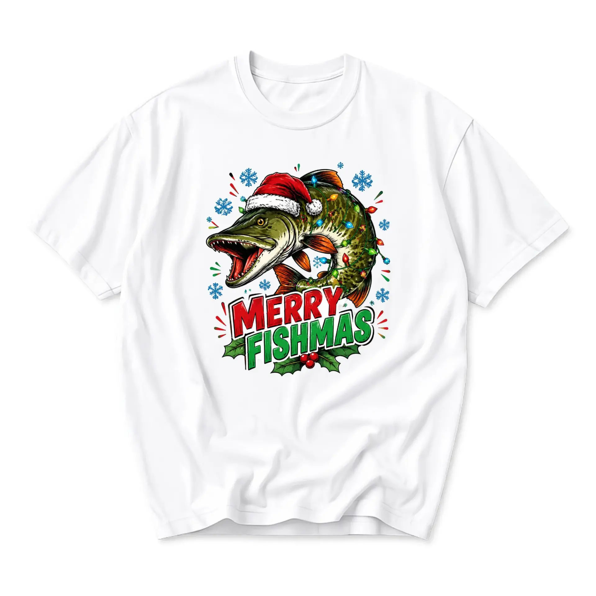 Funny Shirt Merry Fishmas Holiday Graphic Tee Unisex Short Sleeve Crew Neck Seasonal Apparel for Fishing Enthusiasts