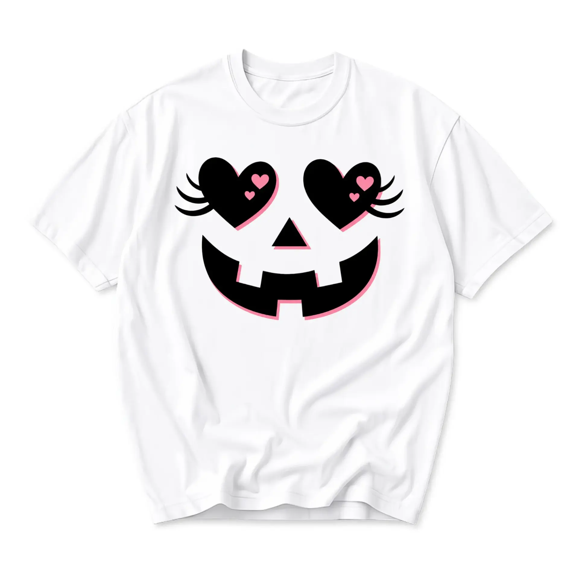 Graphic Tee Unisex Crew Neck T-Shirt Featuring a Playful Heart Eyed Pumpkin Jack O Lantern Face Design for Casual Wear