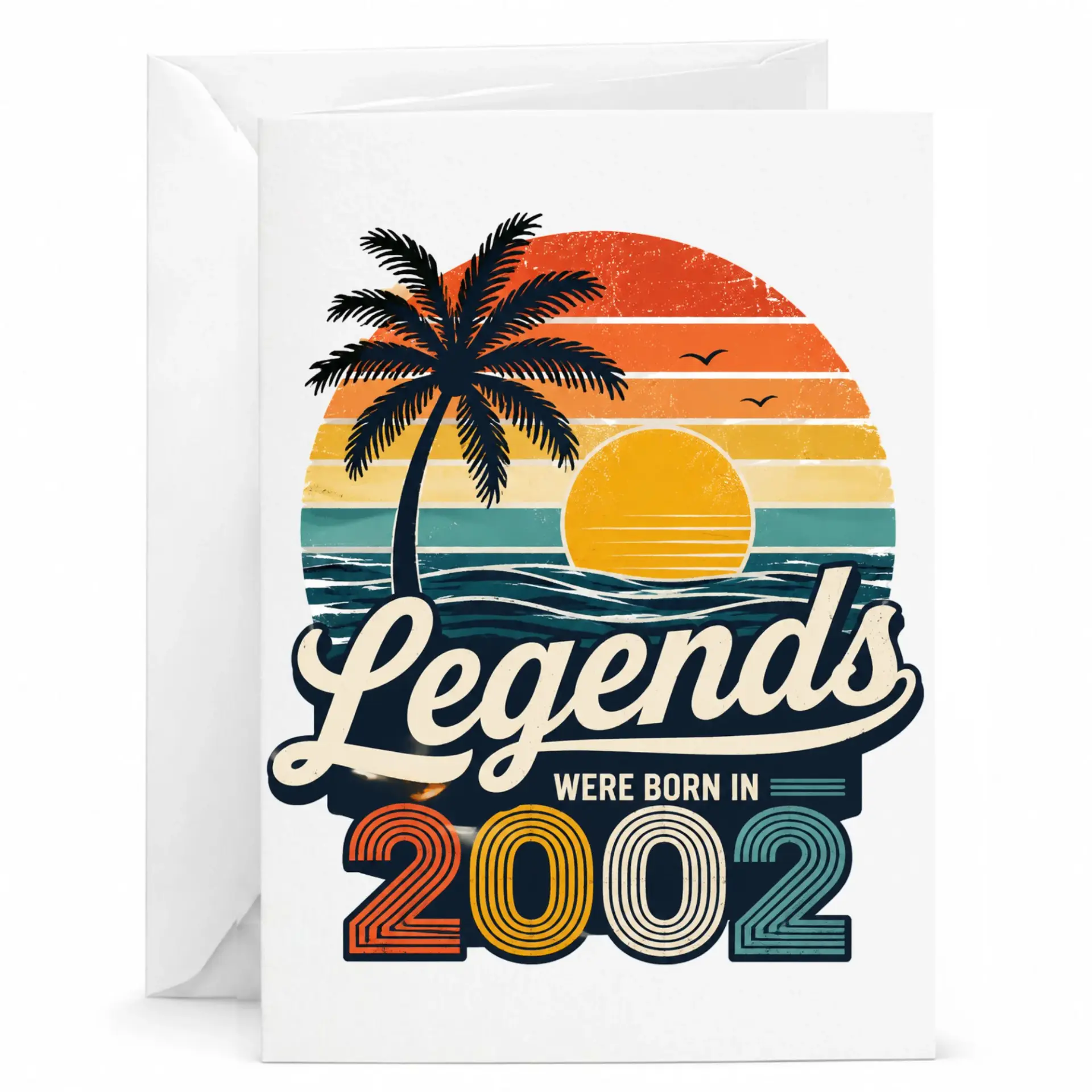 Birthday Card Legends Were Born in 2002 Retro Vintage Sunset Palm Tree Greeting Card for Milestone Celebration