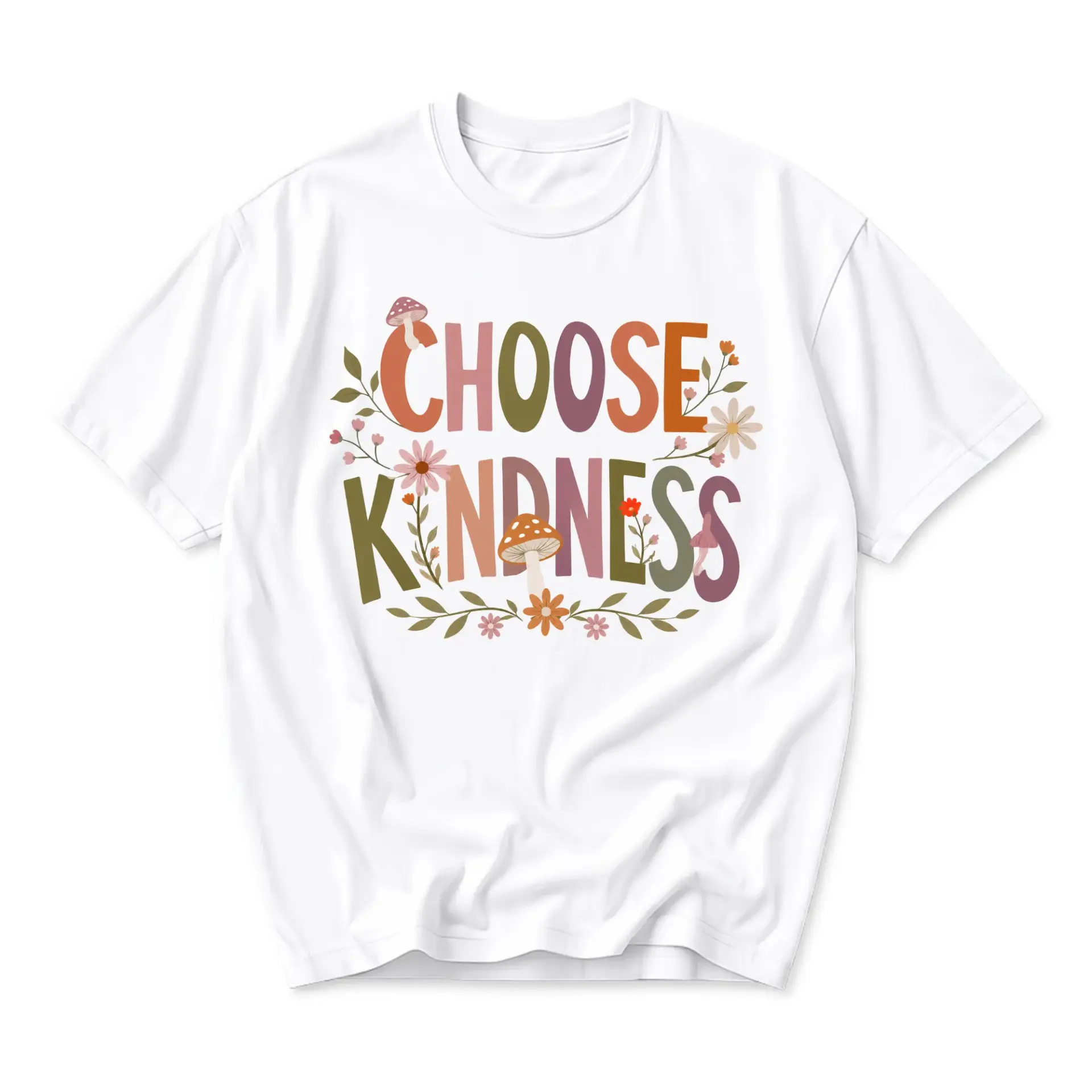 Graphic Tee Choose Kindness Mushroom Floral Design Unisex Crew Neck Soft Cotton Casual Everyday Statement Shirt