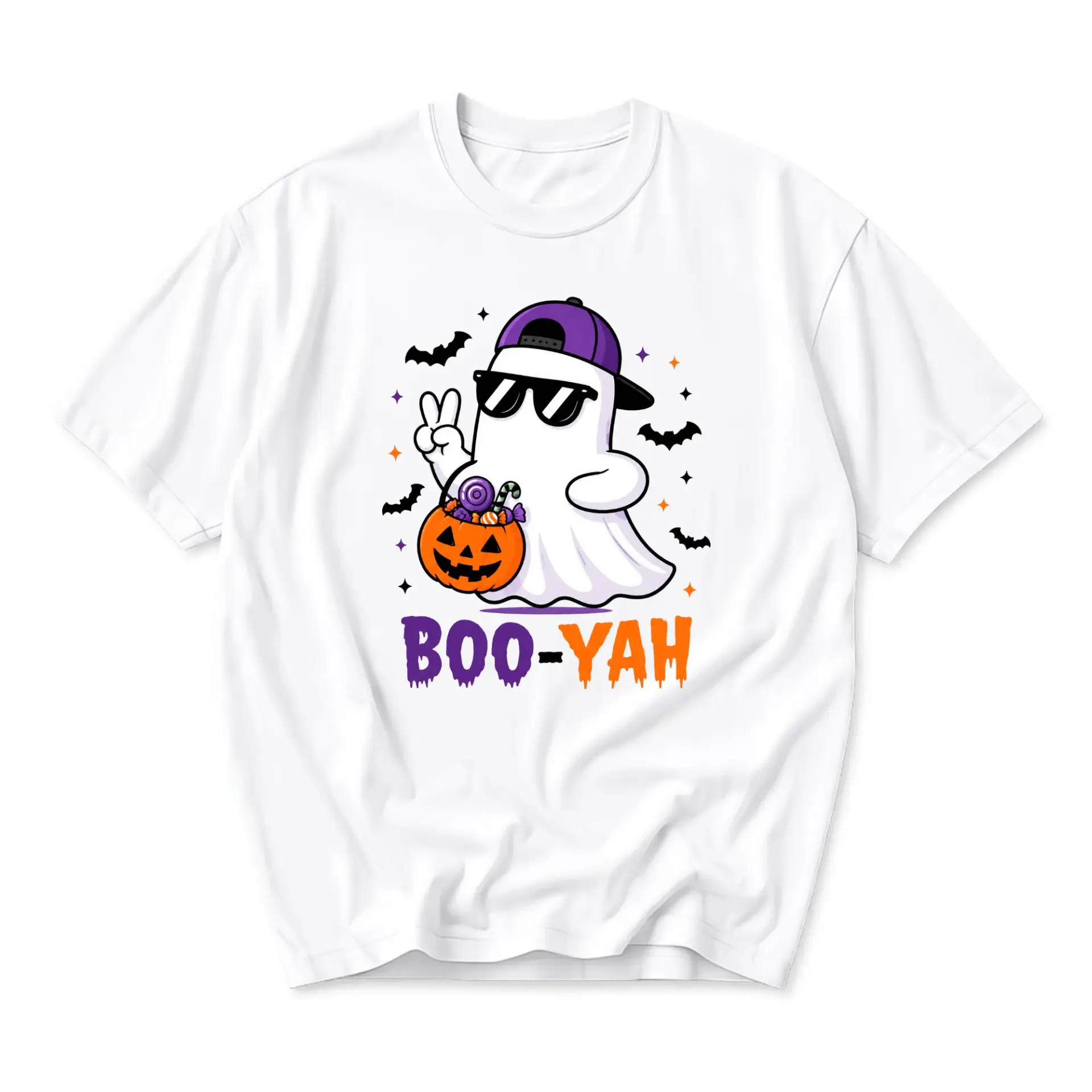 Graphic Tee Unisex Crew Neck T-Shirt Featuring a Cool Ghost Character with a Pumpkin Candy Bucket for Halloween Fun