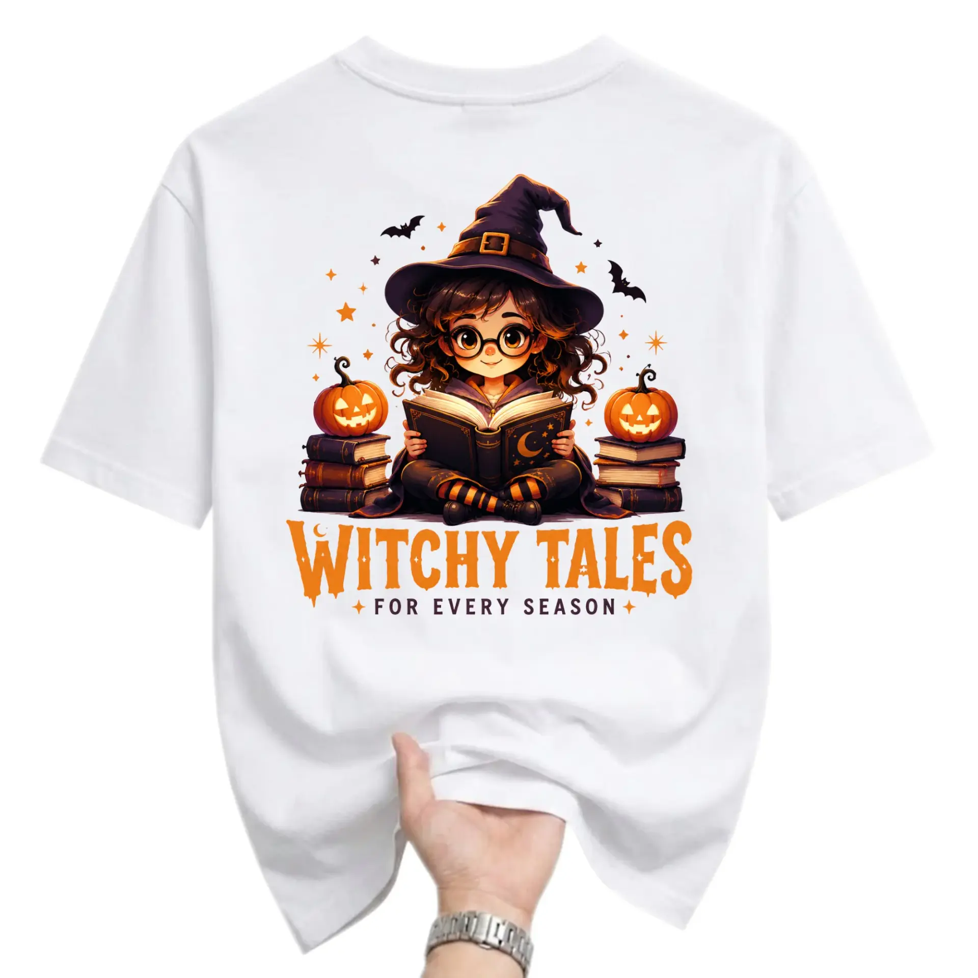 Graphic Tee Witchy Tales for Every Season Unisex T-Shirt Halloween Reading Lover Apparel Casual Crew Neck Shirt