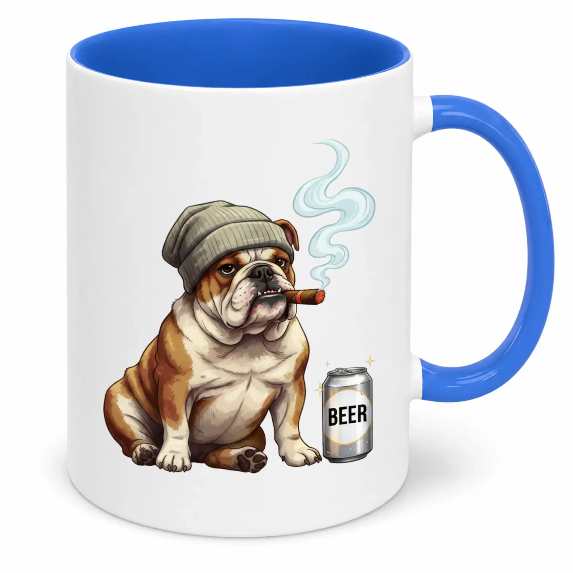 Funny Ceramic Coffee Mug Featuring a Cool Wearing a Beanie Smoking a Cigar and Enjoying a Beer Can Design
