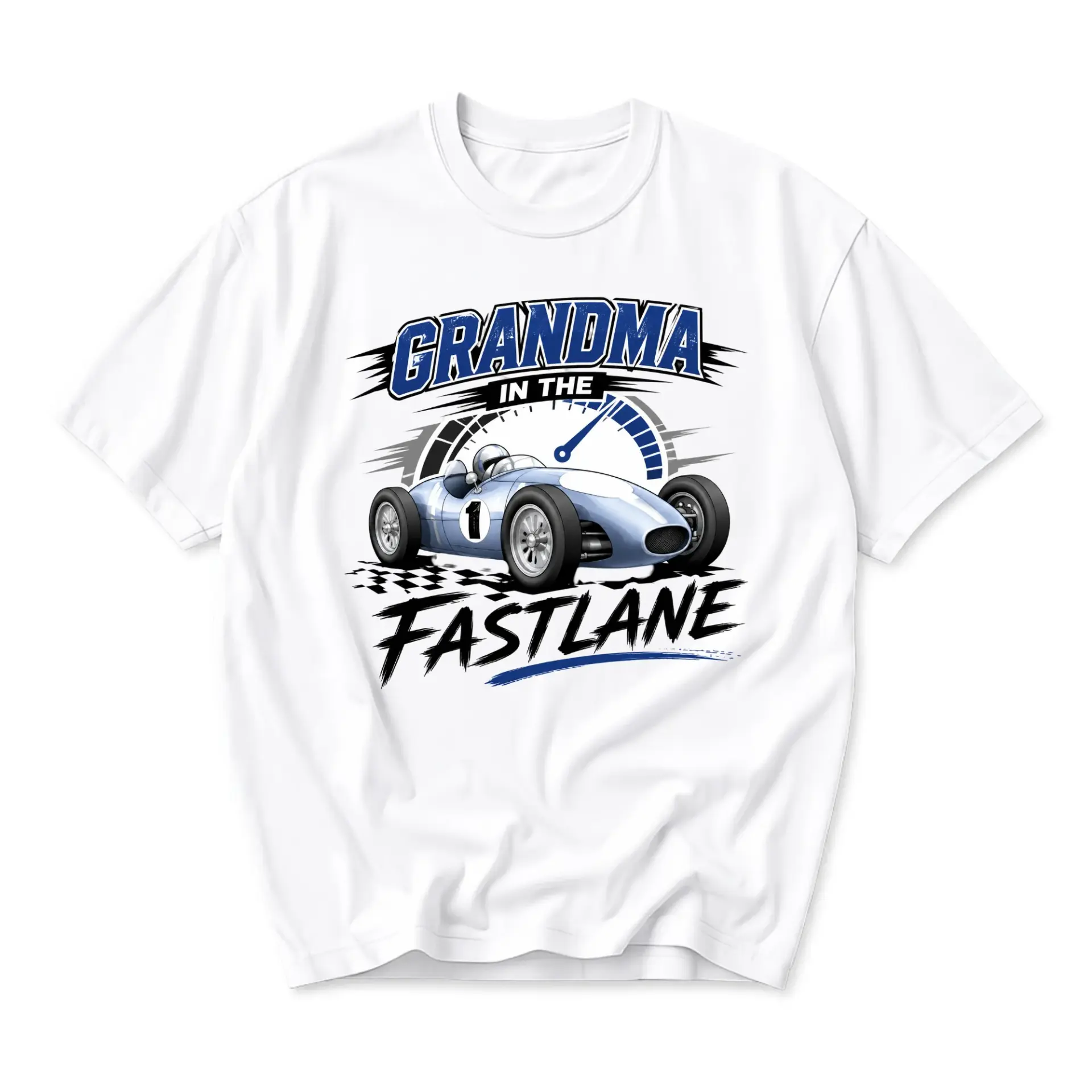 Funny Shirt Grandma in the Fastlane Racing Graphic Tee Unisex Cotton Crew Neck Casual Short Sleeve Apparel White