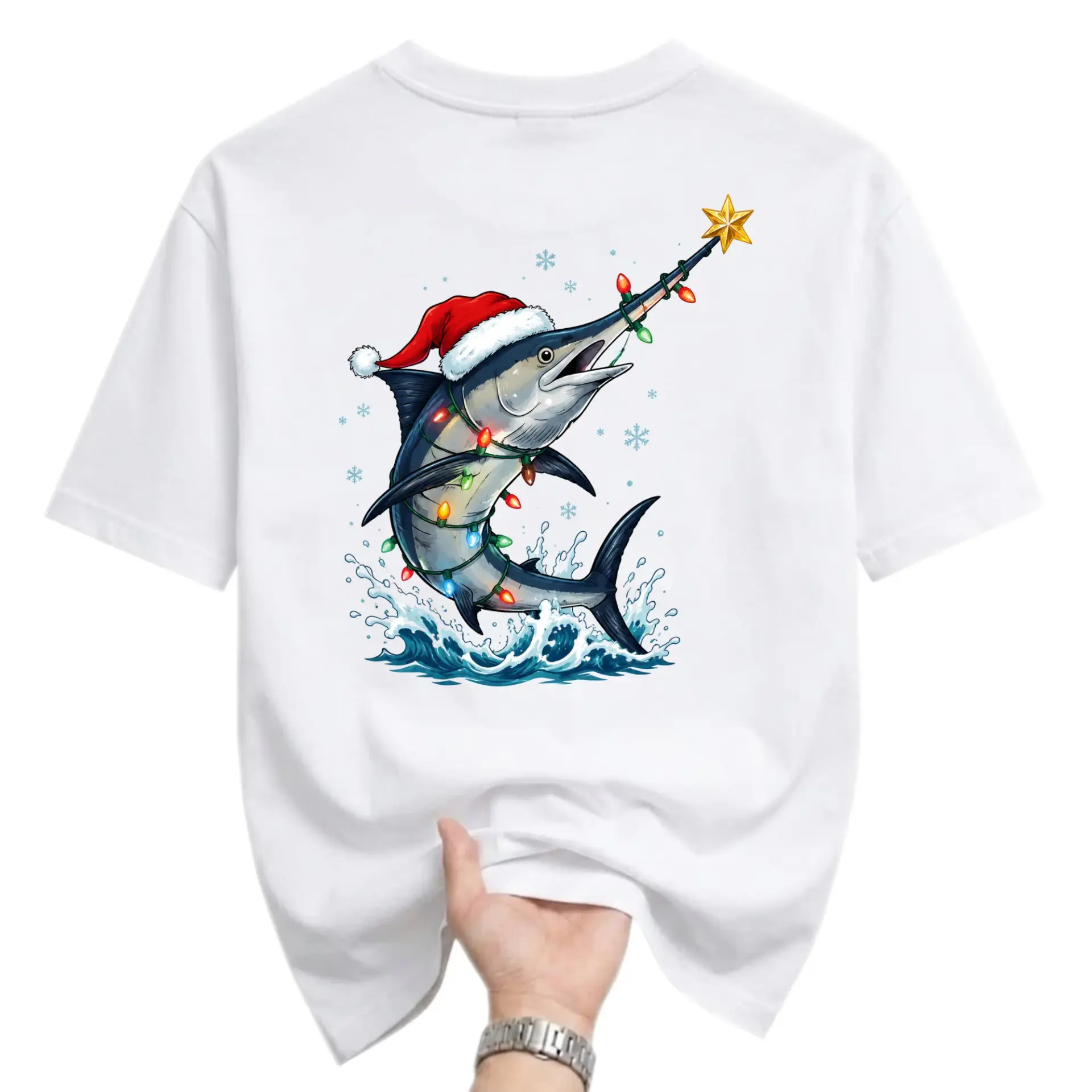 Funny Shirt Christmas Marlin Graphic Tee Holiday Ocean Wildlife Print Short Sleeve Casual Crew Neck Unisex Cotton Top