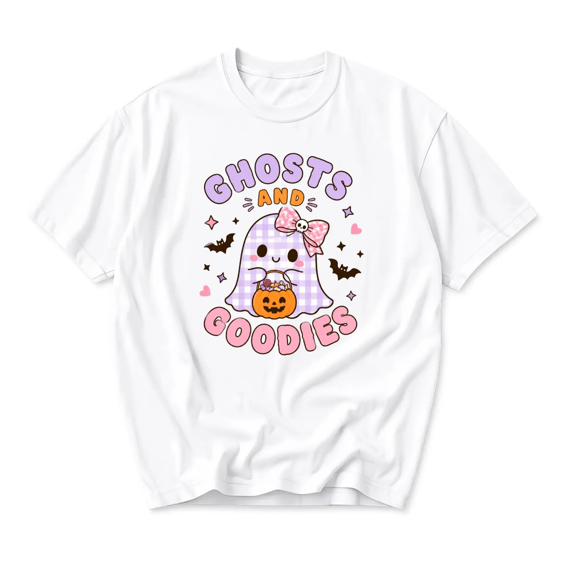 Graphic Tee Ghosts and Goodies Cute Halloween Aesthetic Shirt Soft Cotton Unisex Casual Short Sleeve Crewneck Top