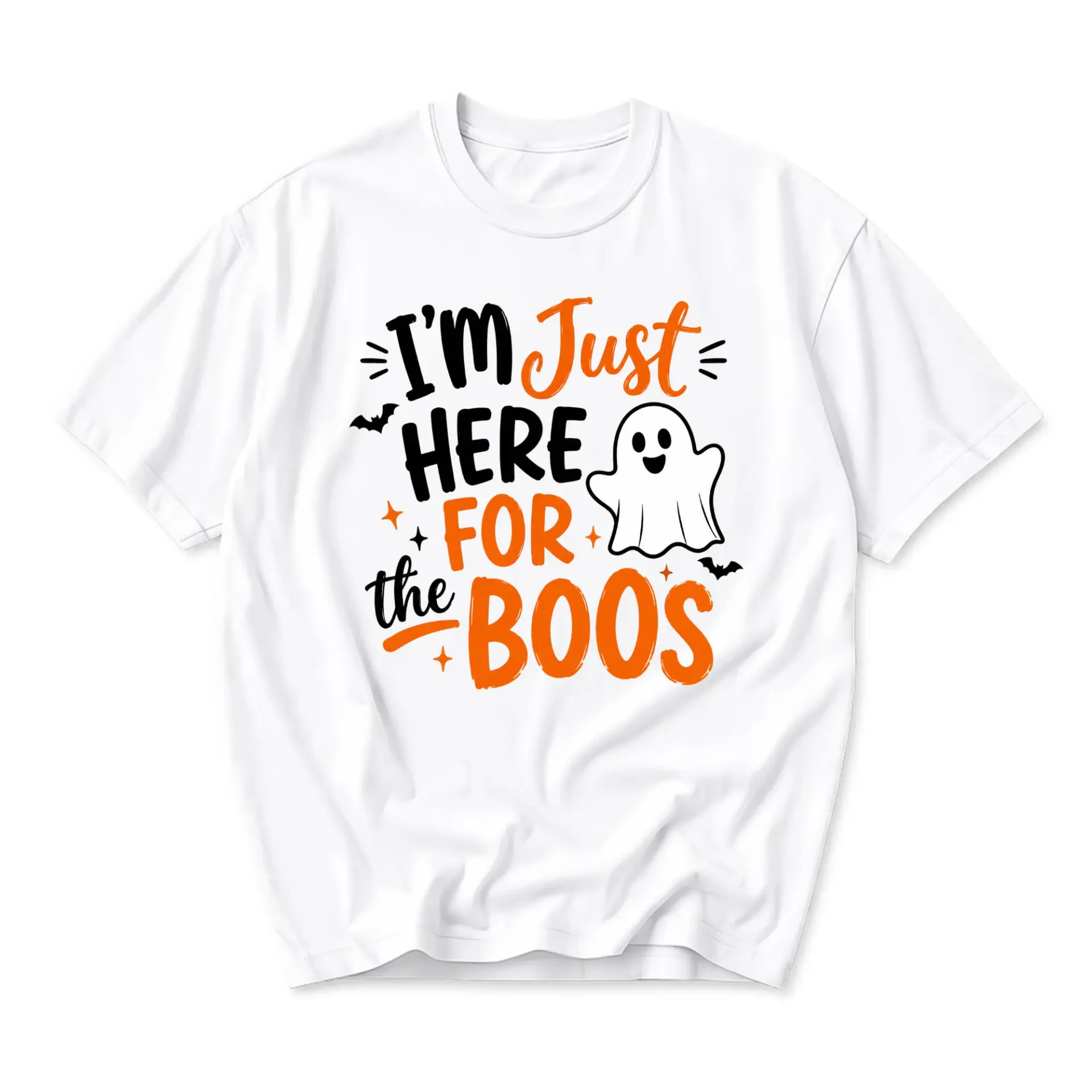 Funny Shirt I Am Just Here for the Boos Graphic Tee Casual Unisex Crew Neck Holiday Fall Seasonal Apparel White