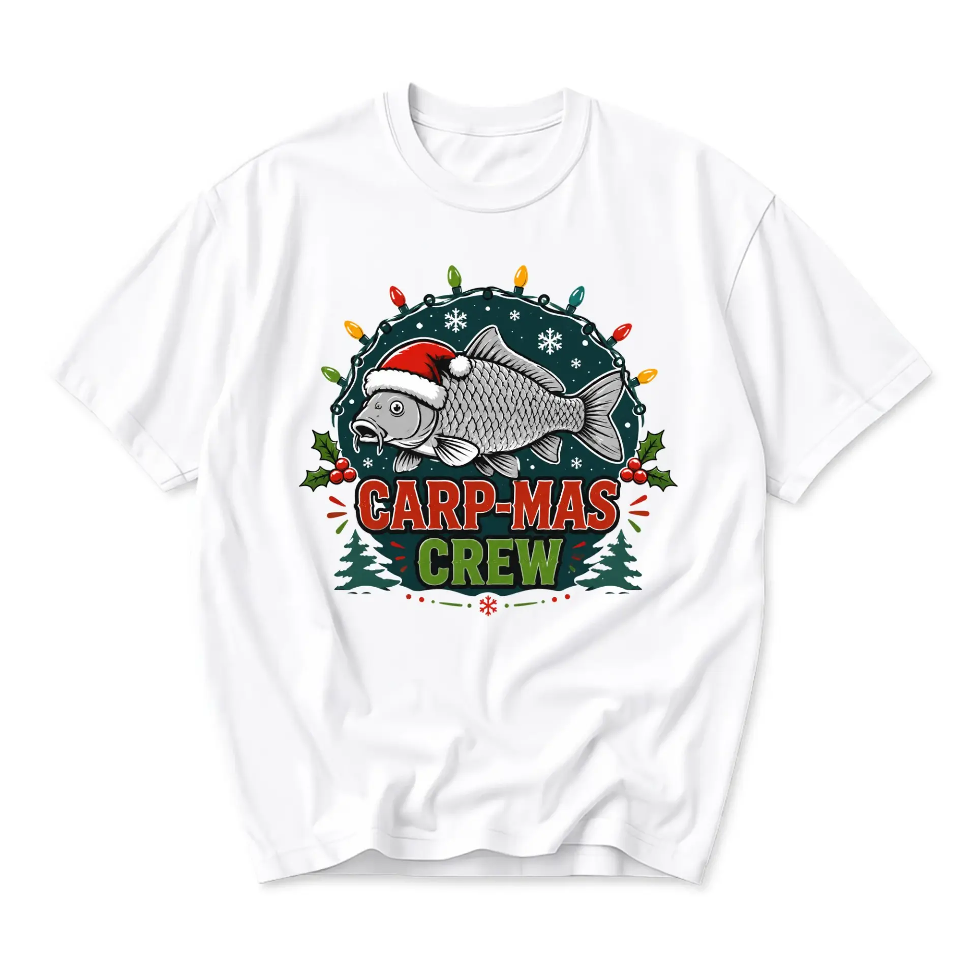 Funny Shirt Carp-Mas Crew Graphic Tee Holiday Fishing Theme Apparel Casual