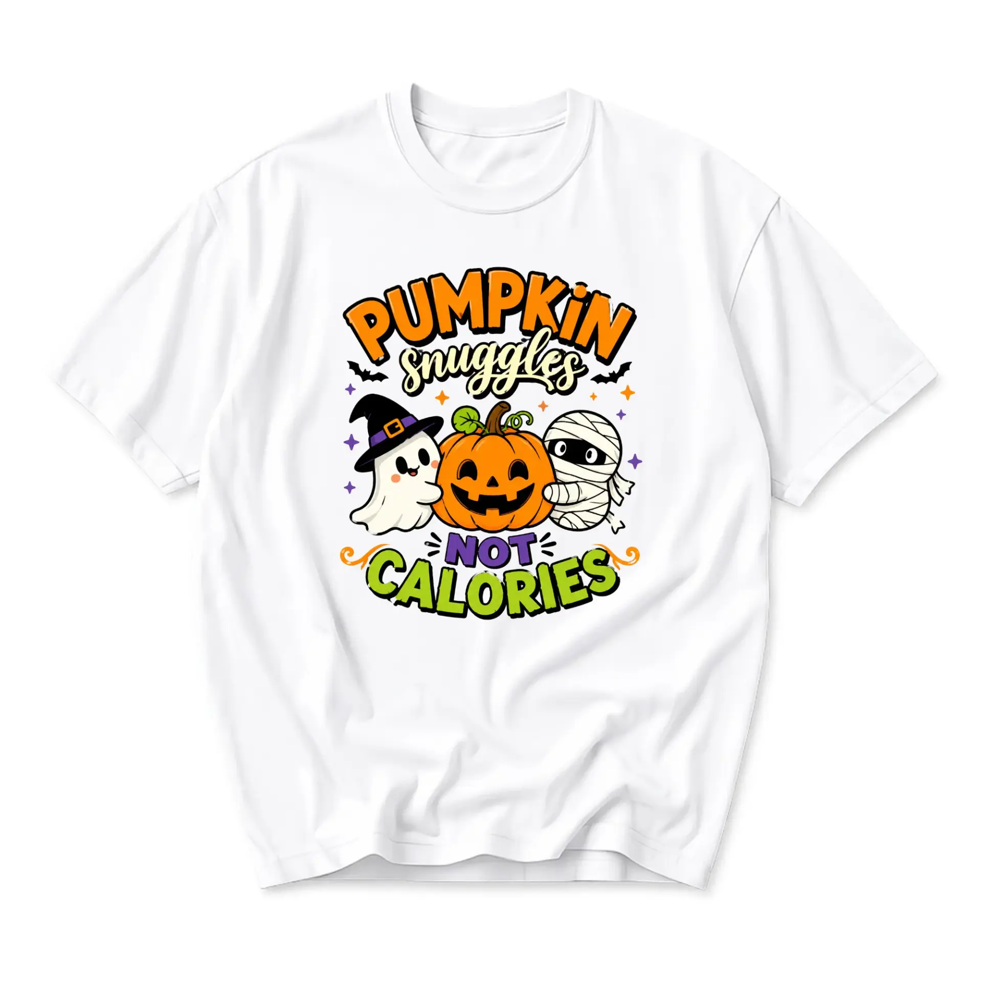 Graphic Tee Pumpkin Snuggles Not Calories Halloween Humor T-Shirt for Casual Everyday Wear and Seasonal Expression