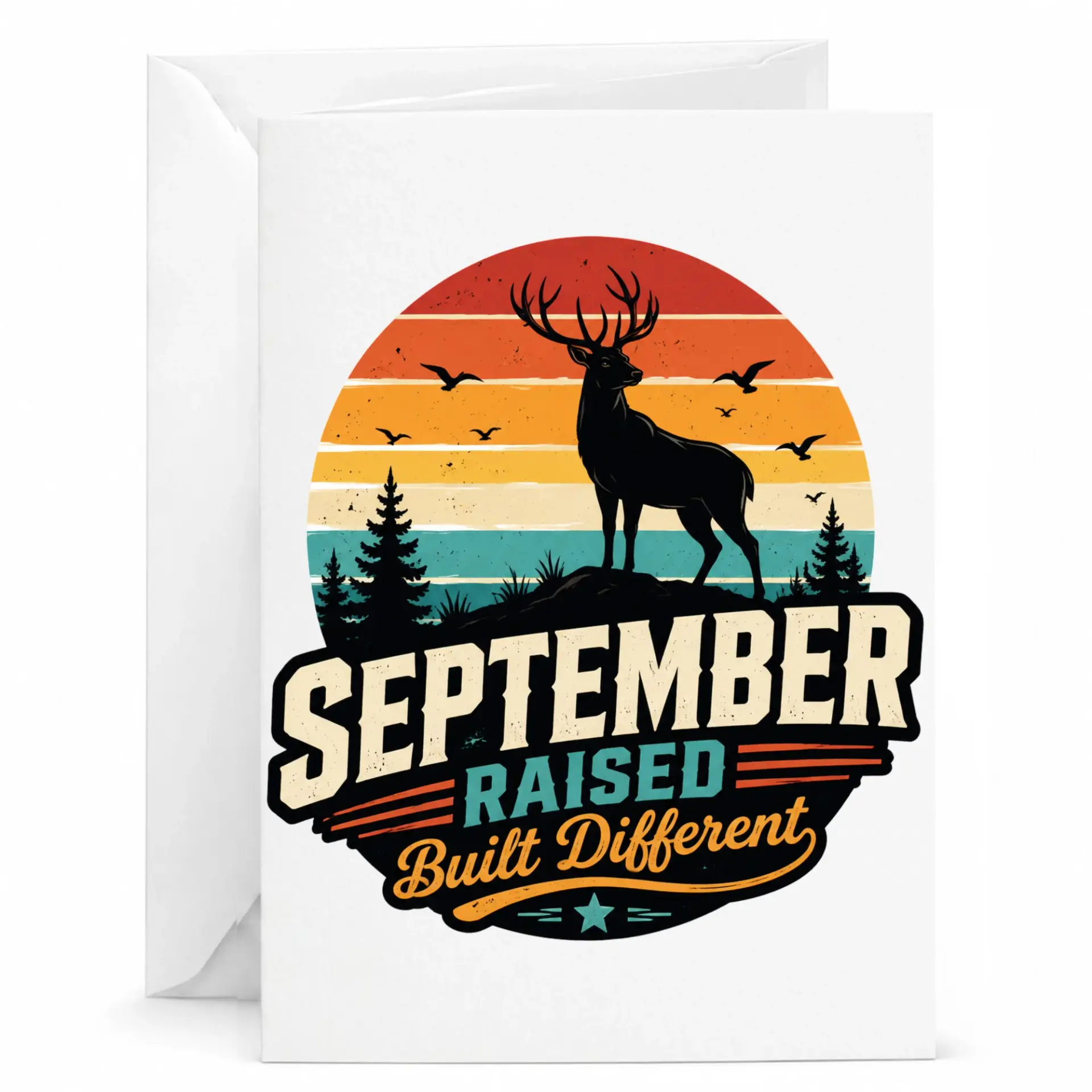 Greeting Card September Raised Built Different Vintage Deer Silhouette Design Printed Greeting Card with Envelope