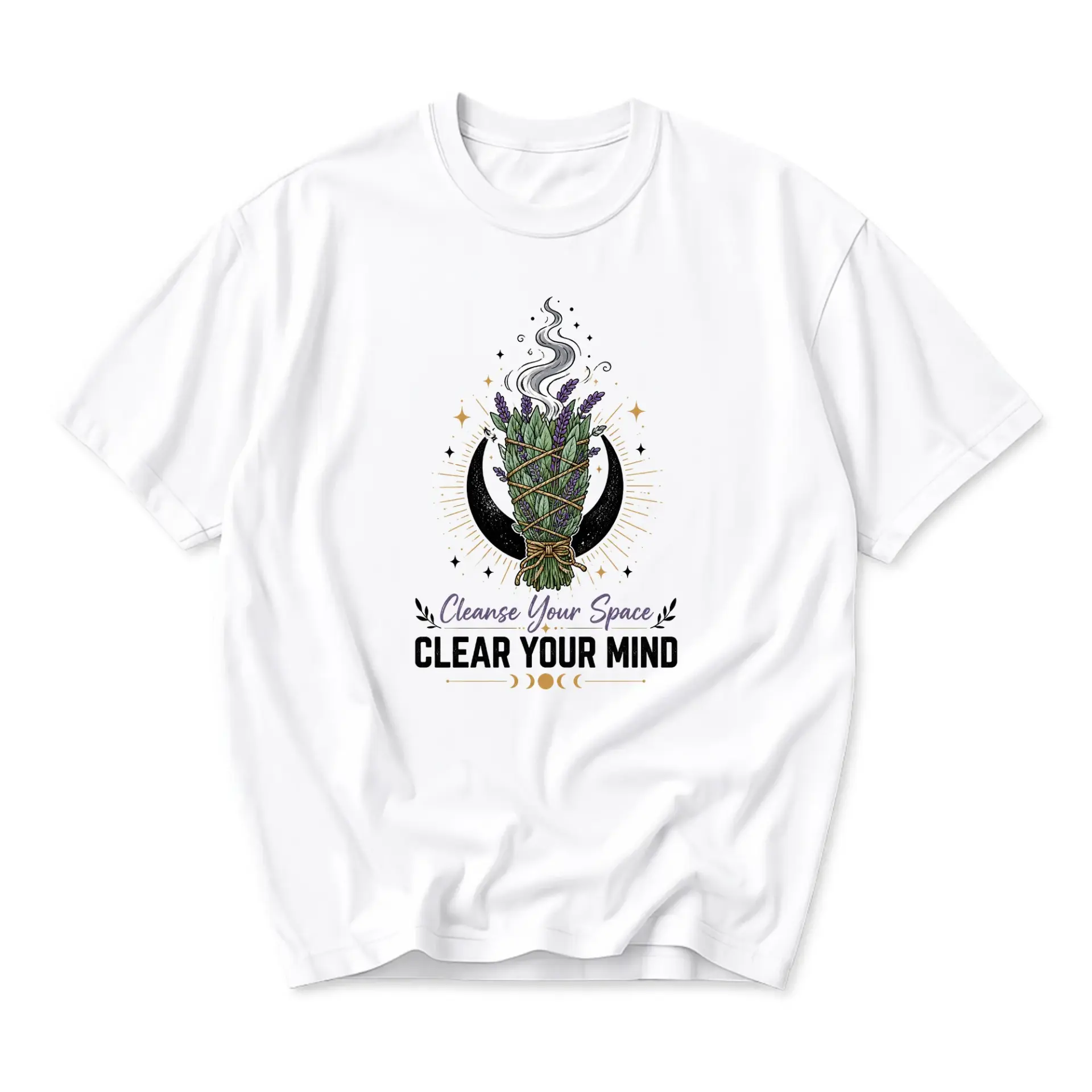 Graphic Tee Cleanse Your Space Clear Your Mind Celestial Moon Lavender Smudge Stick Unisex Crew Neck Cotton Shirt