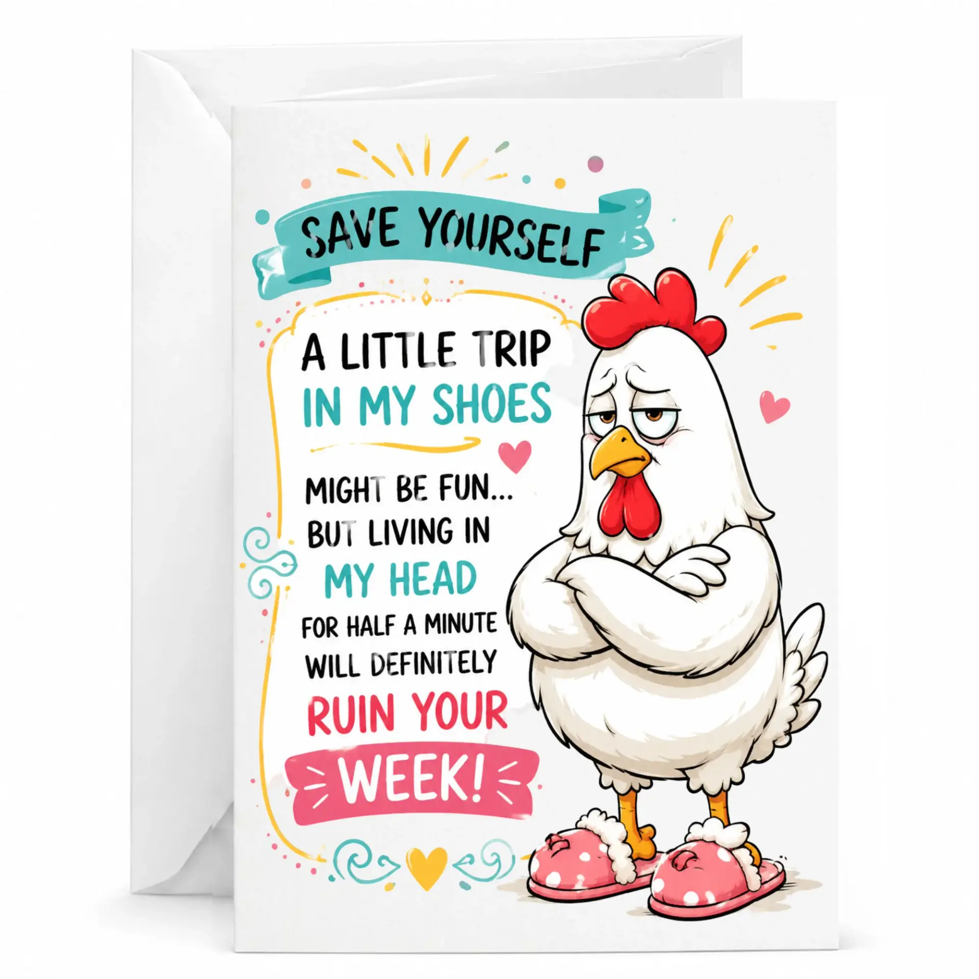 Funny Chicken Greeting Card Sarcastic Humor Note for Friends and Coworkers Blank Inside with White Envelope 5x7 Inches