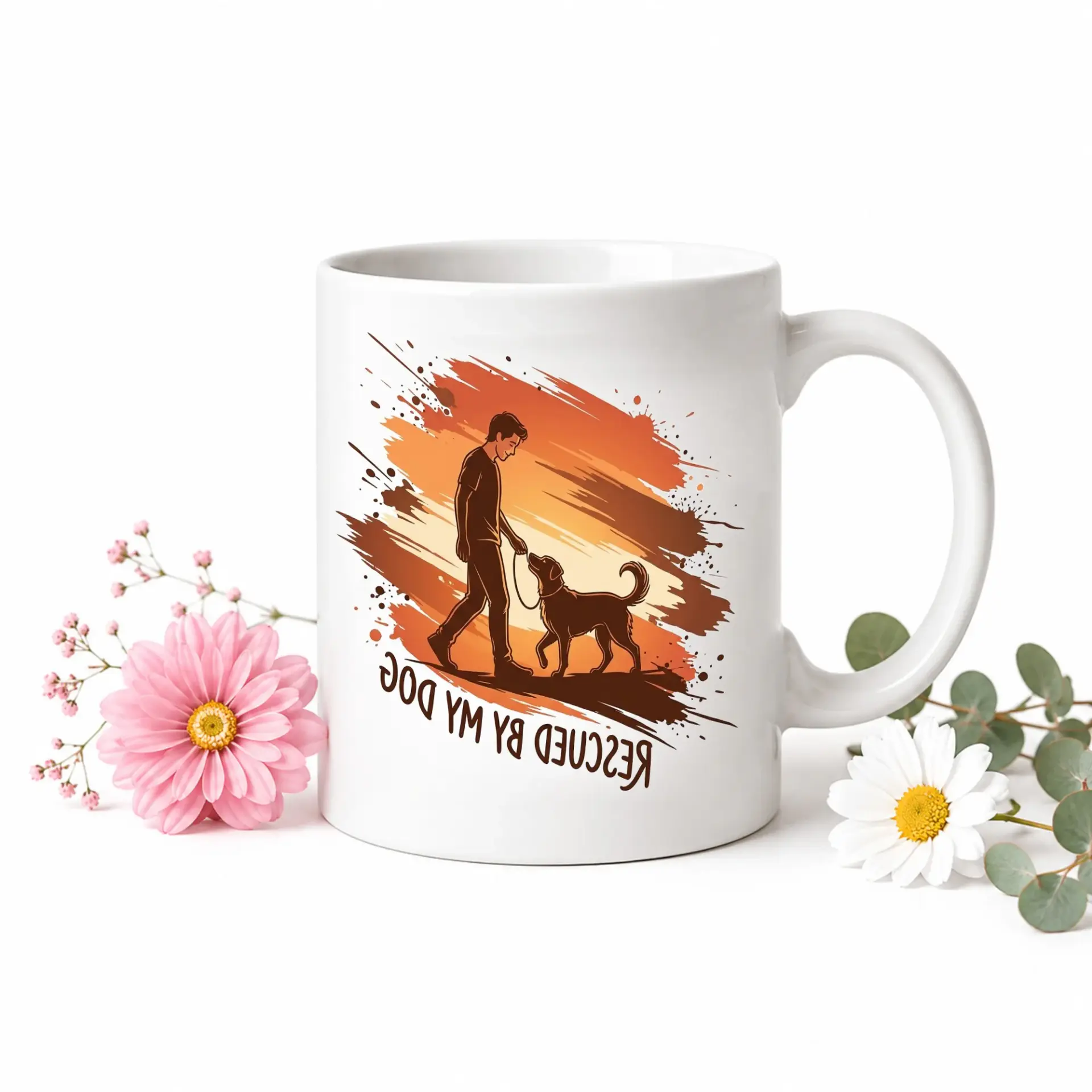 Rescued by My Dog Coffee Mug Gift for Pet Owners Ceramic Drinkware with Blue Handle and Vibrant Art Design