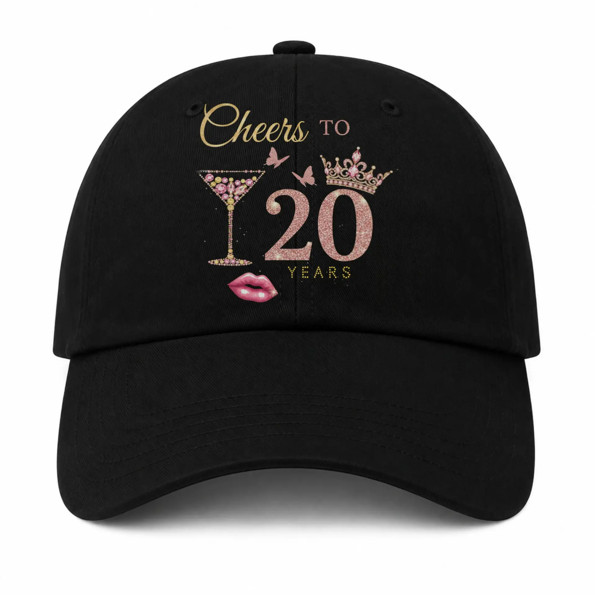 Vinyl Sticker Pack Cheers to 20 Years Rose Gold Crown and Cocktail Glass Design Decals for Laptops and Water Bottles