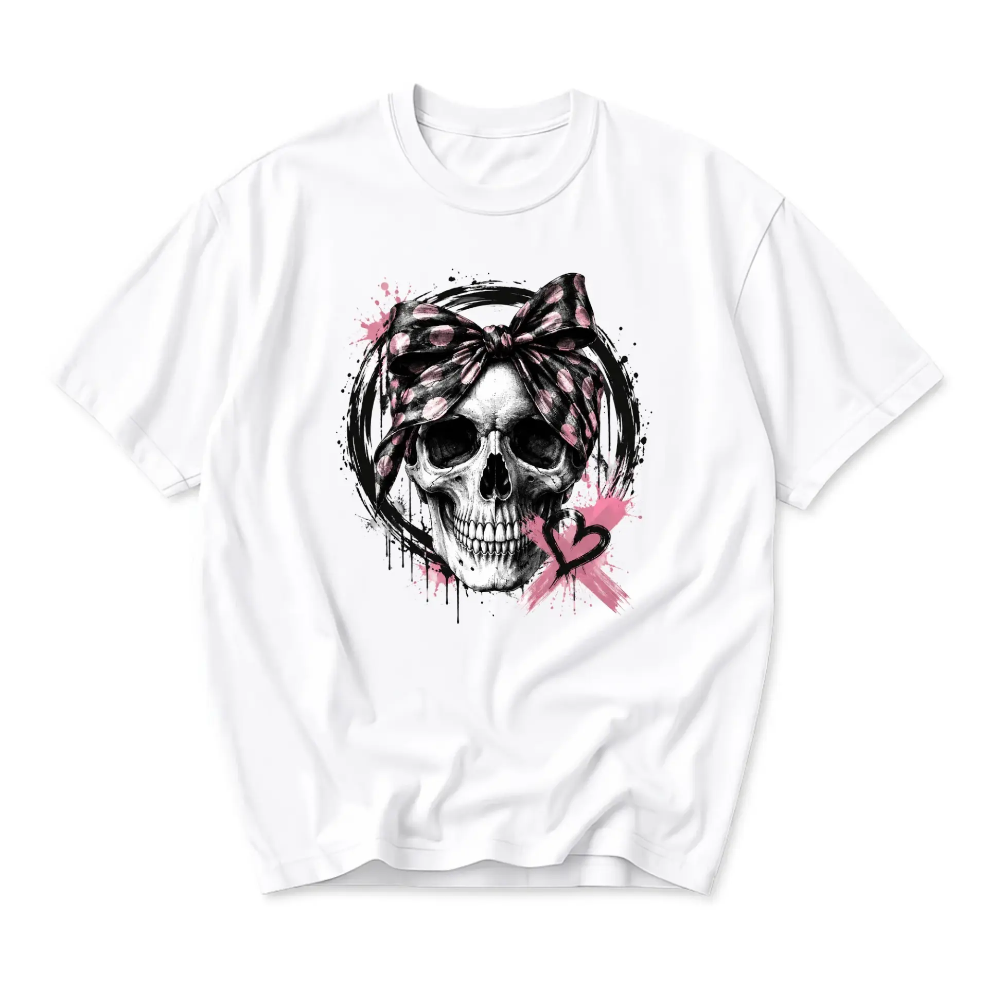 Graphic Tee Skull with Pink Polka Dot Bow Art Unisex Cotton Crew Neck Casual Short Sleeve Everyday Expression Shirt