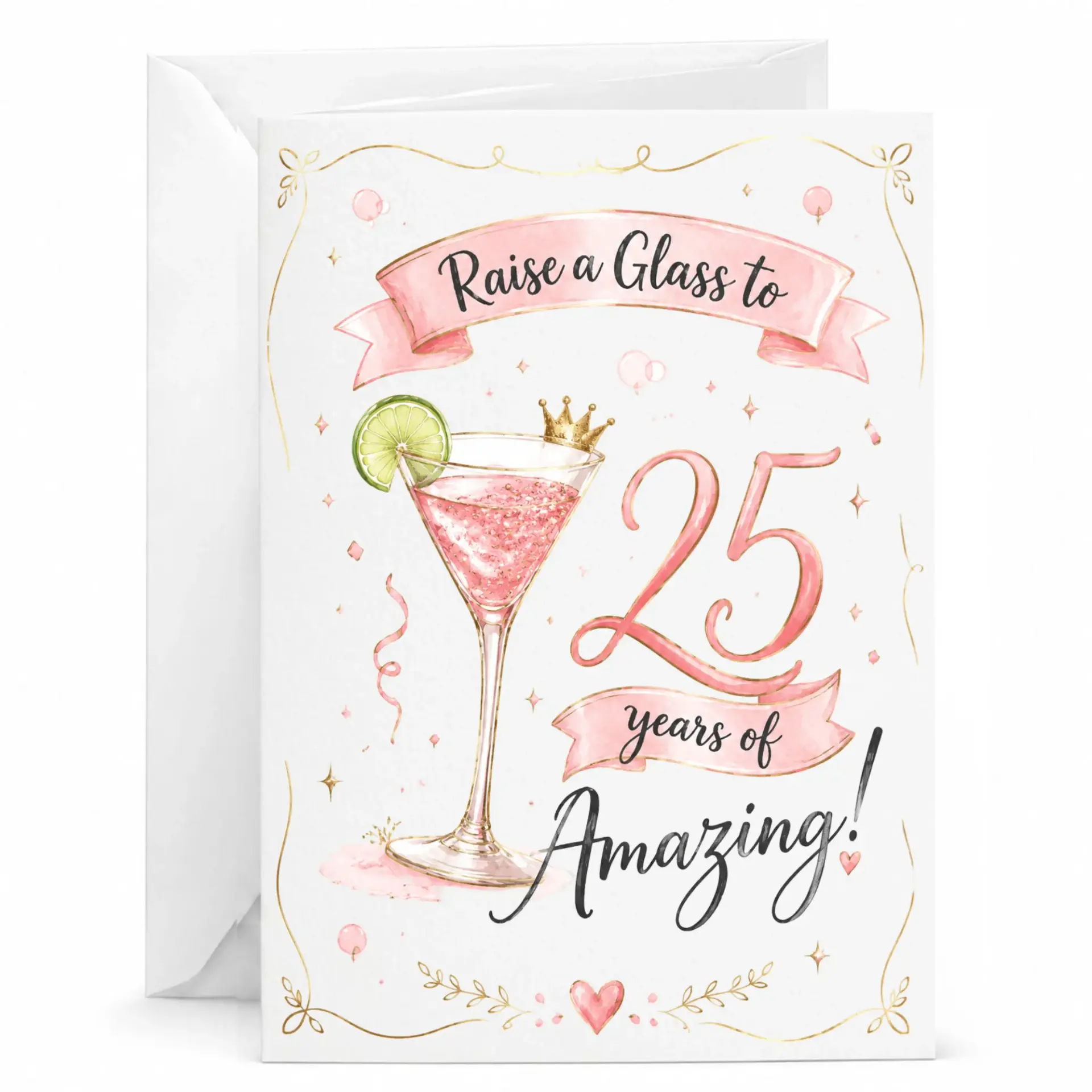 Greeting Card for 25th Birthday Milestone Celebration Featuring Pink Cocktail Illustration and Elegant Design