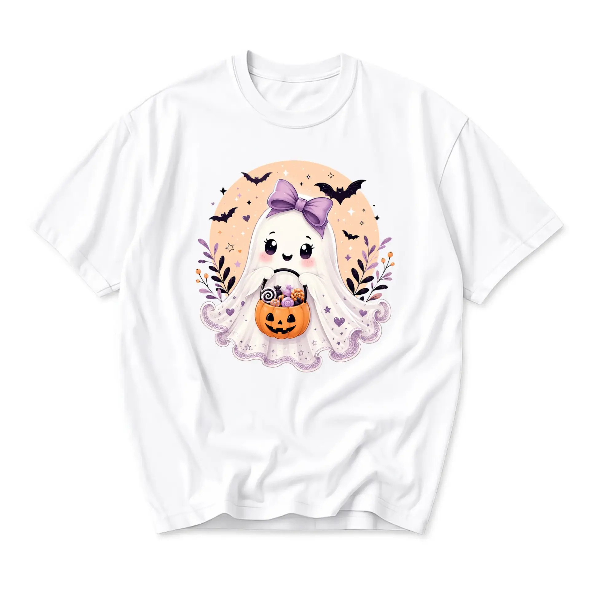 Graphic Tee Cute Ghost Trick or Treat Halloween Print Unisex Crew Neck Shirt for Casual Everyday Wear and Seasonal Style