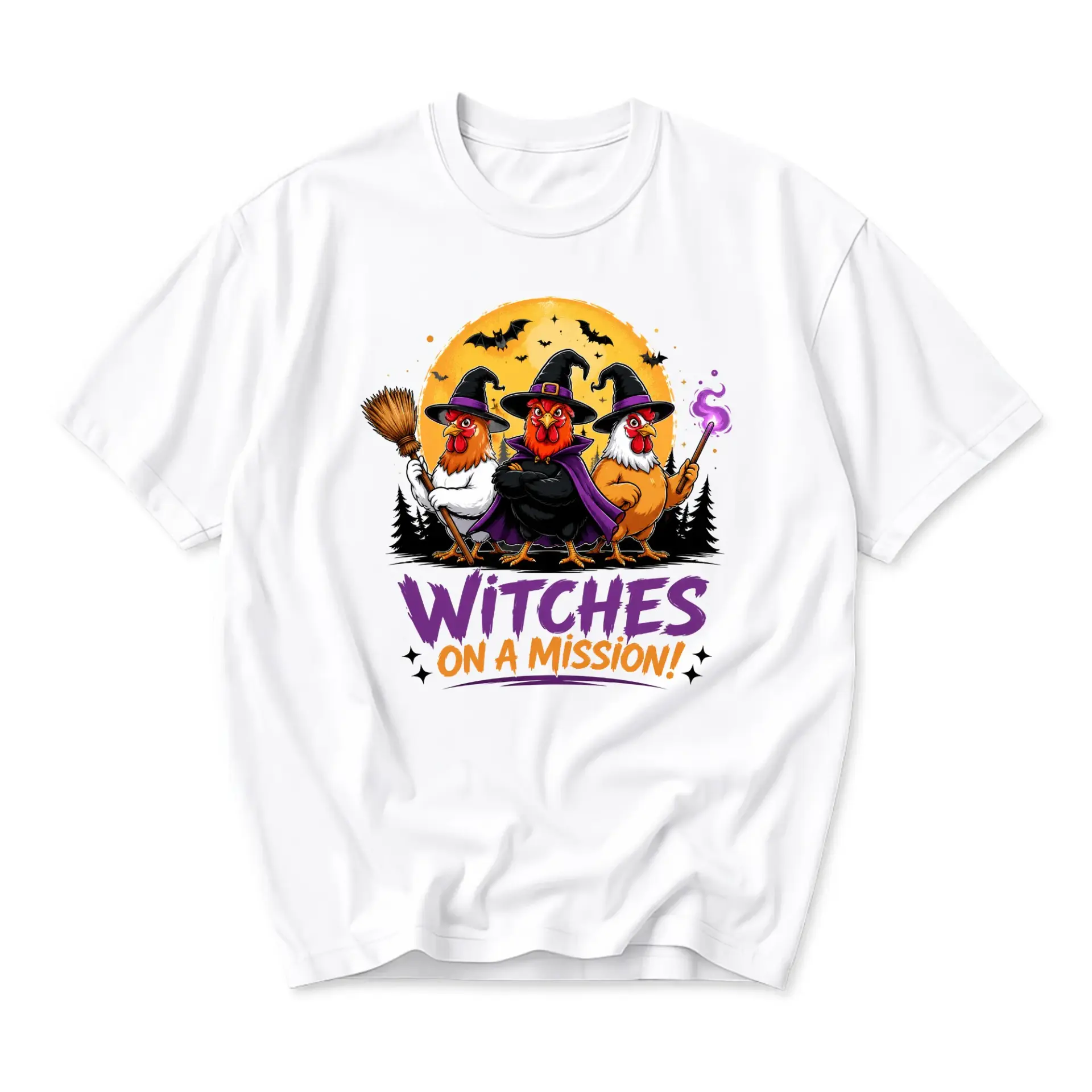 Graphic Tee Witches on a Mission Funny Chicken Halloween Shirt Unisex Crew Neck Cotton Blend Casual Apparel Top