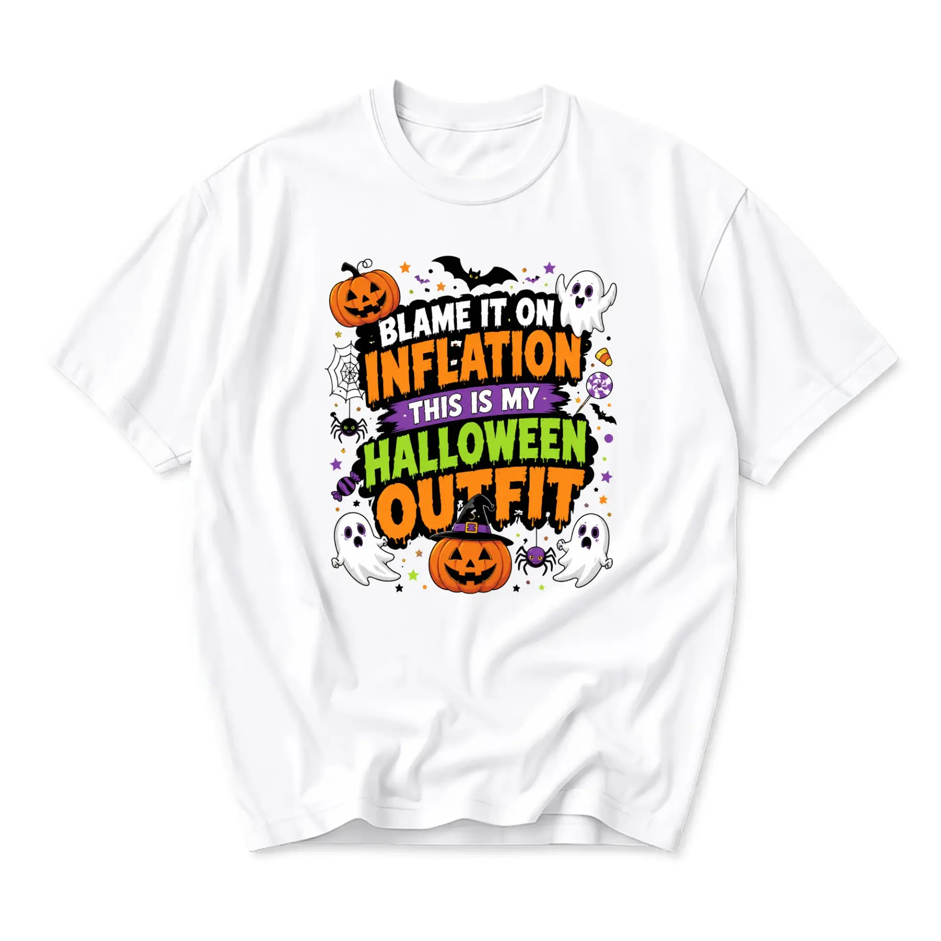 Funny Shirt Blame It on Inflation Halloween Outfit Graphic Tee Unisex Crew Neck Holiday Costume for Casual Wear