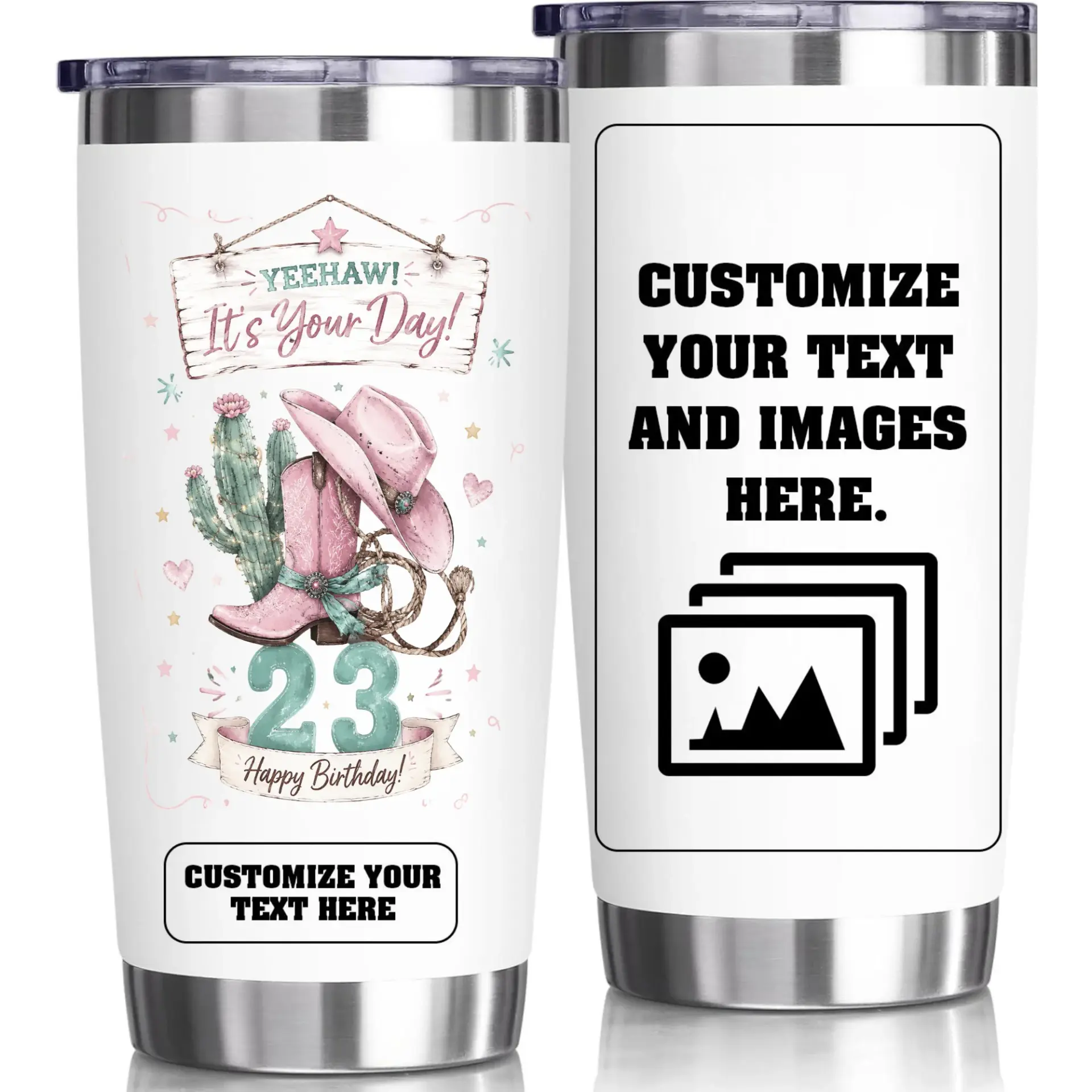 Stainless Steel Tumbler 20oz Western Birthday Themed Personalized Travel Cup with Insulated Double Wall Design