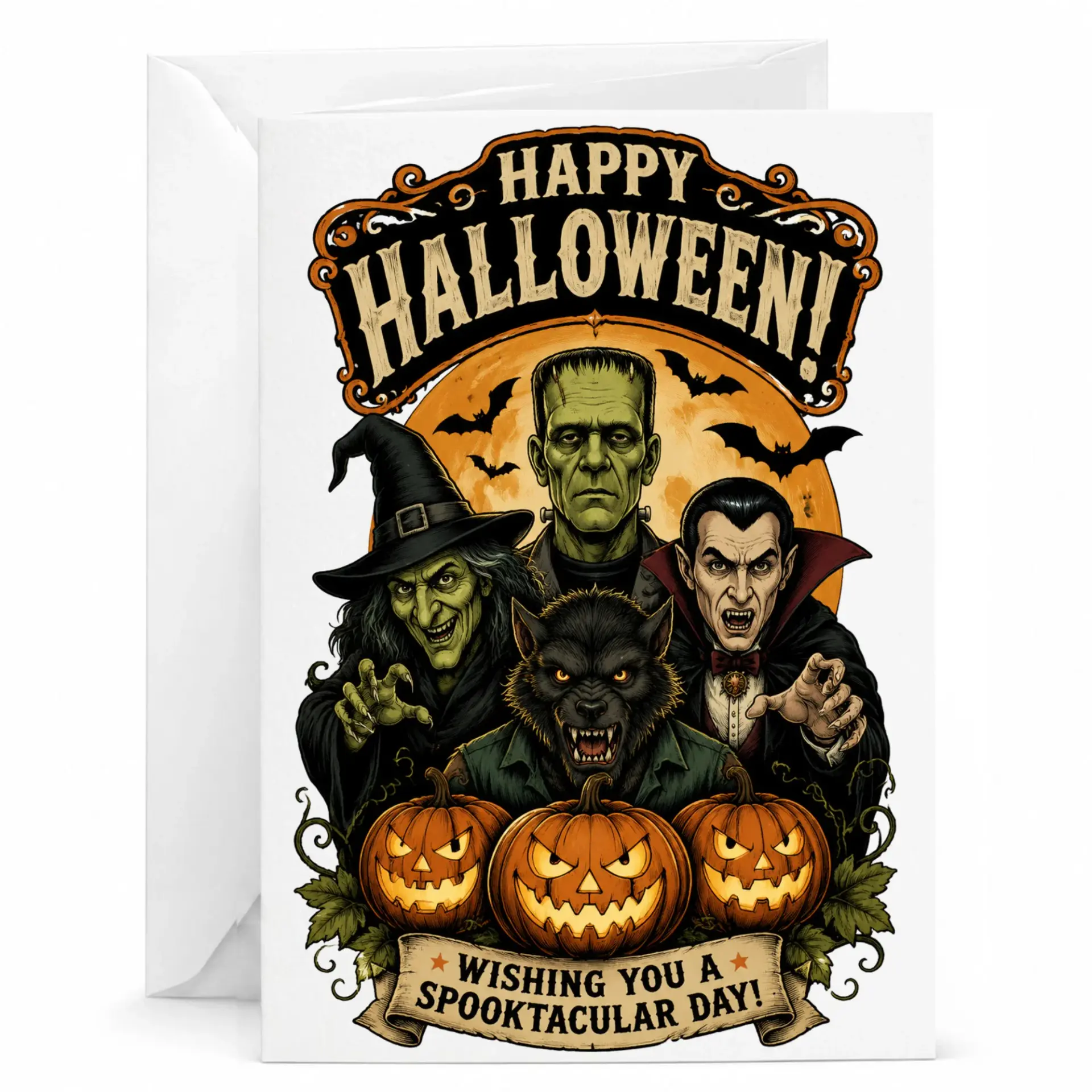 Funny Happy Halloween Greeting Card Monster Illustration Spooky Holiday Stationery with Matching Envelope