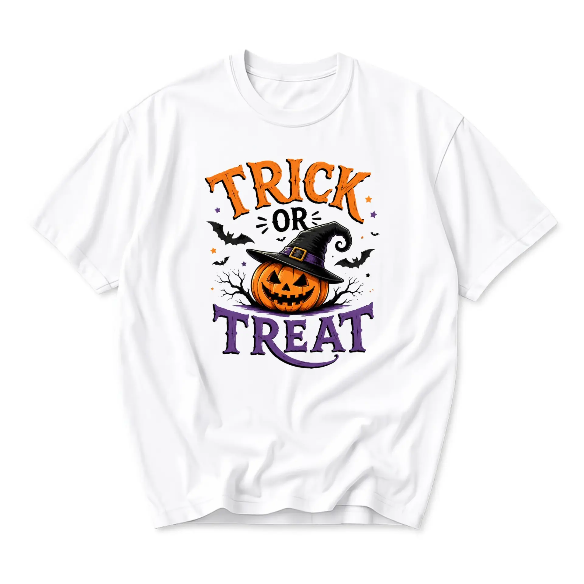 Graphic Tee Trick or Treat Halloween Pumpkin Unisex Crew Neck T-Shirt Short Sleeve Soft Casual Apparel for Adults