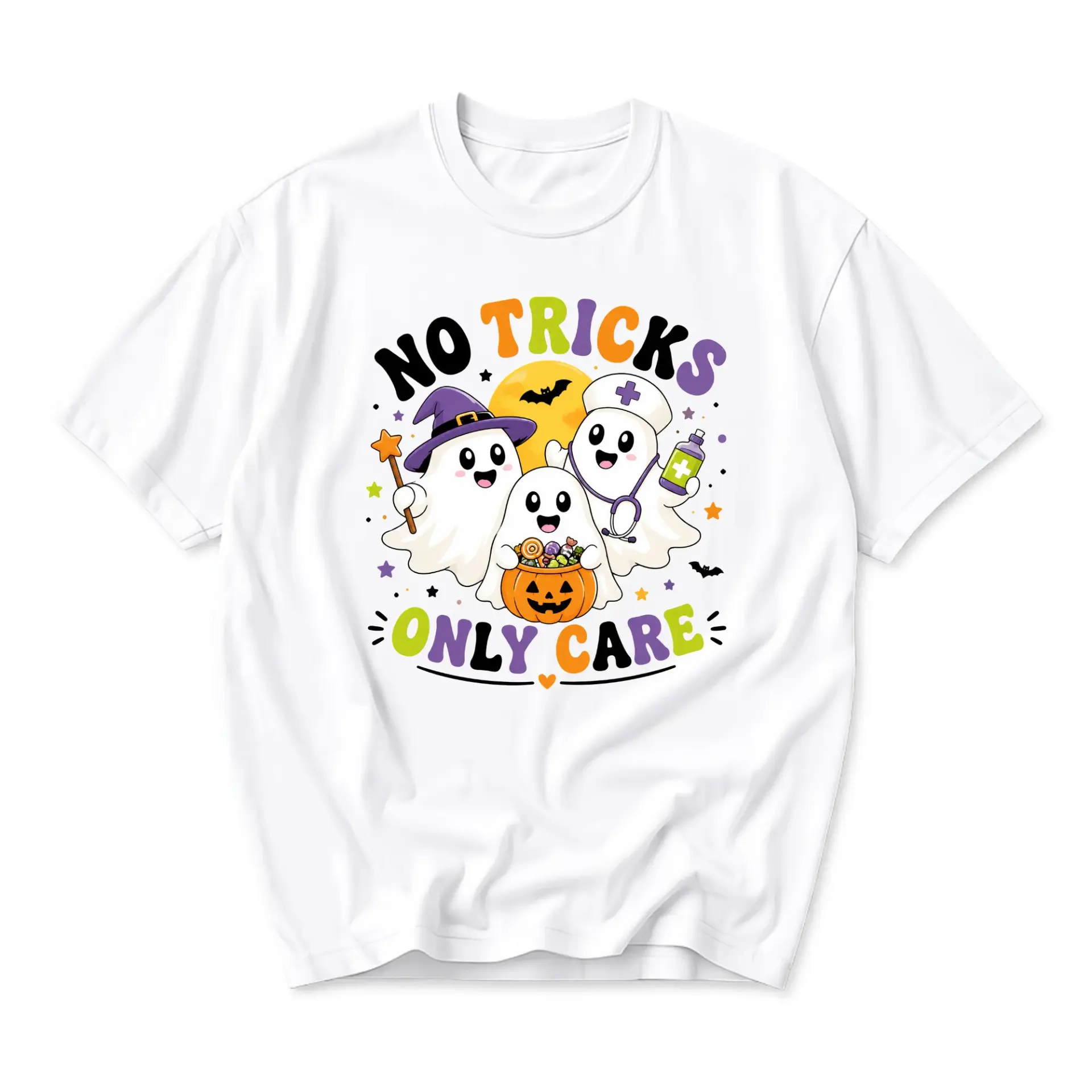 Funny Shirt No Tricks Only Care Ghost Graphic Tee Unisex Casual Apparel for Halloween Holiday Season Style White