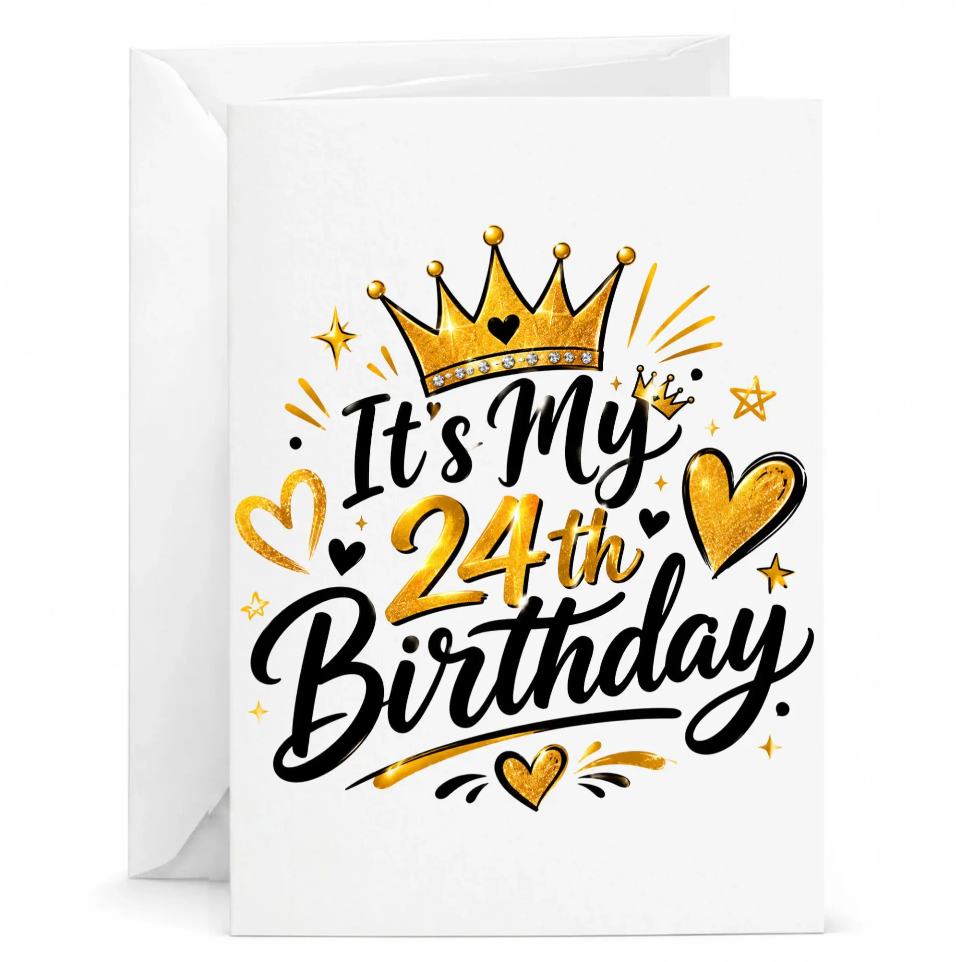 Greeting Card 24th Birthday Gold Crown Design Premium Stationery Note Card for Milestone Birthday Celebration