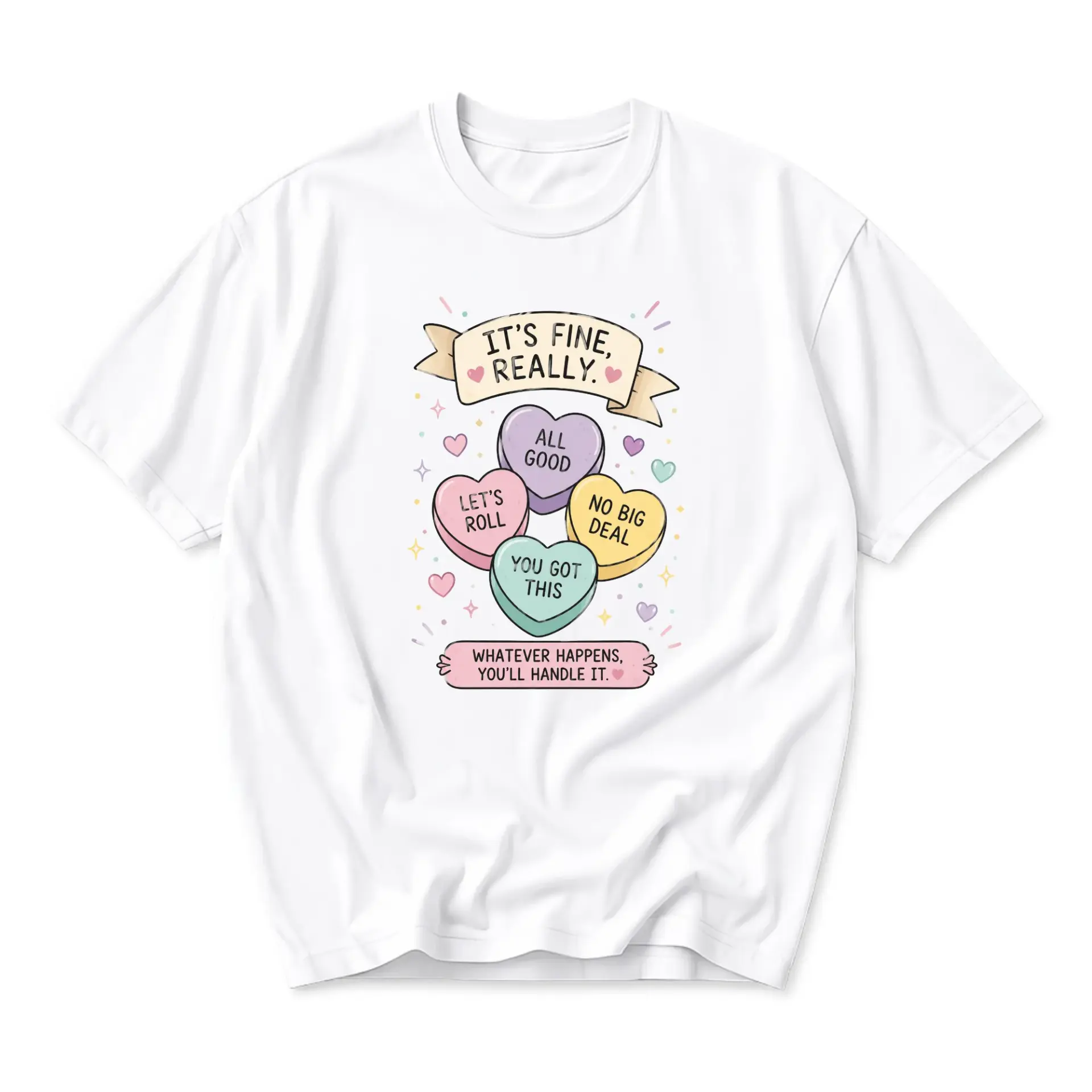 Funny Shirt It Is Fine Really Pastel Heart Candy Graphic Tee Unisex Casual Crew Neck Short Sleeve Cotton Apparel