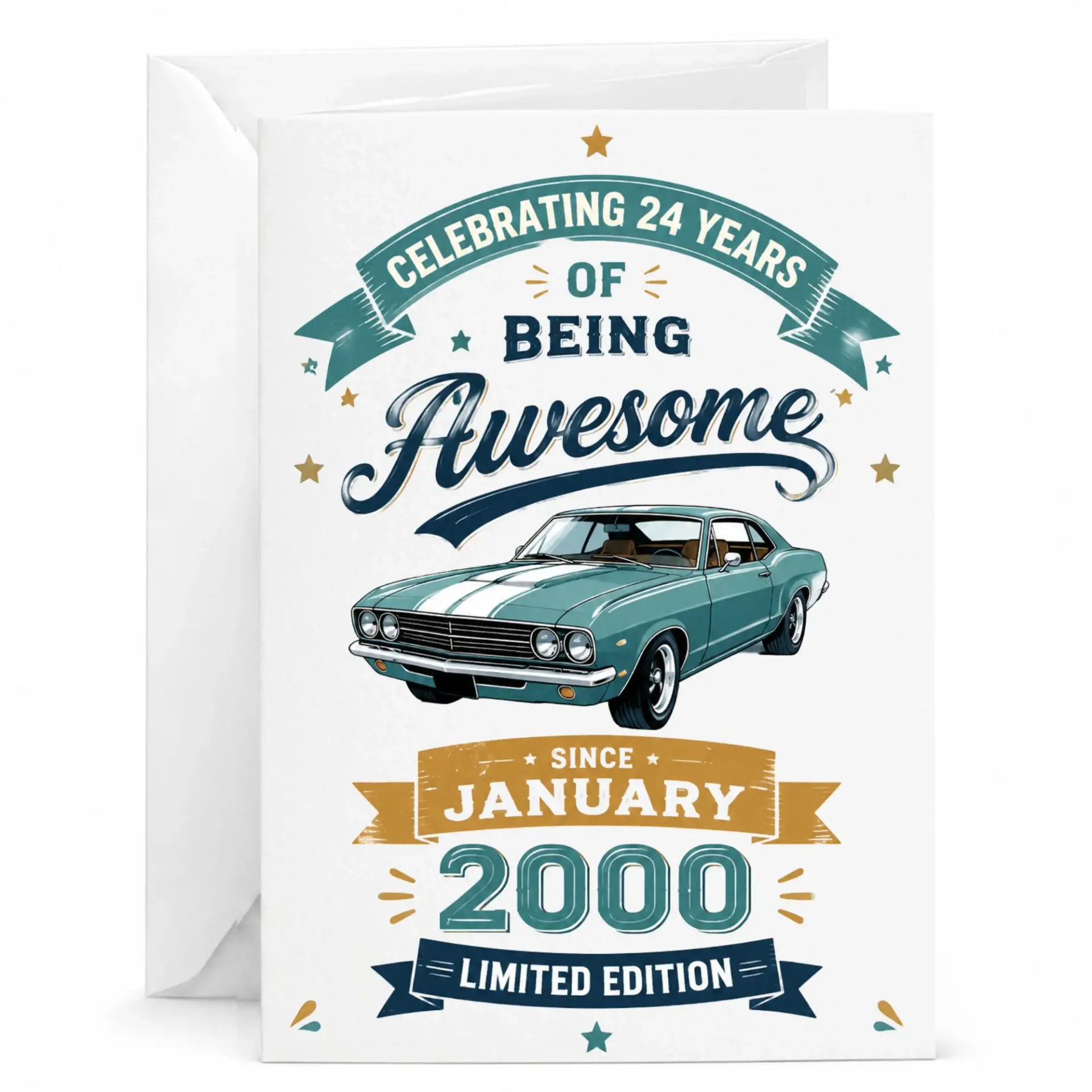Greeting Card for 24th Birthday or Anniversary Celebrating 24 Years of Being Awesome Vintage Muscle Car Design