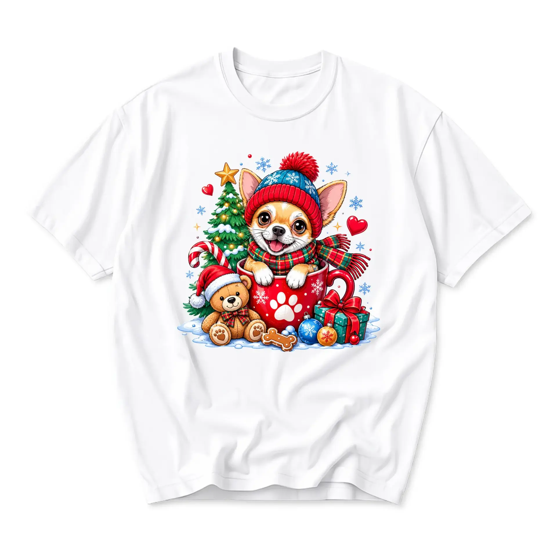 Graphic Tee Unisex Crew Neck Short Sleeve Holiday Shirt Featuring Festive Puppy in Mug with Christmas Decor