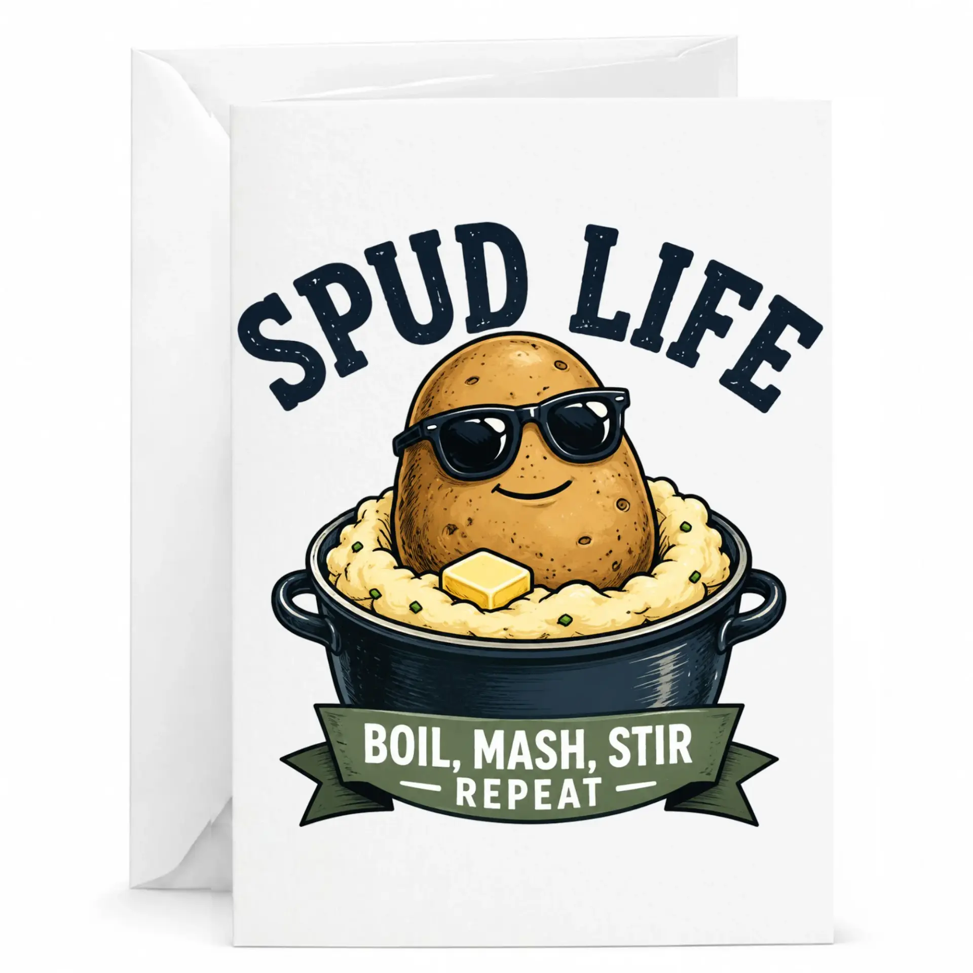 Funny Potato Greeting Card Spud Life Boil Mash Repeat Pun Art for Birthdays and Anniversaries 5x7 Folded Note
