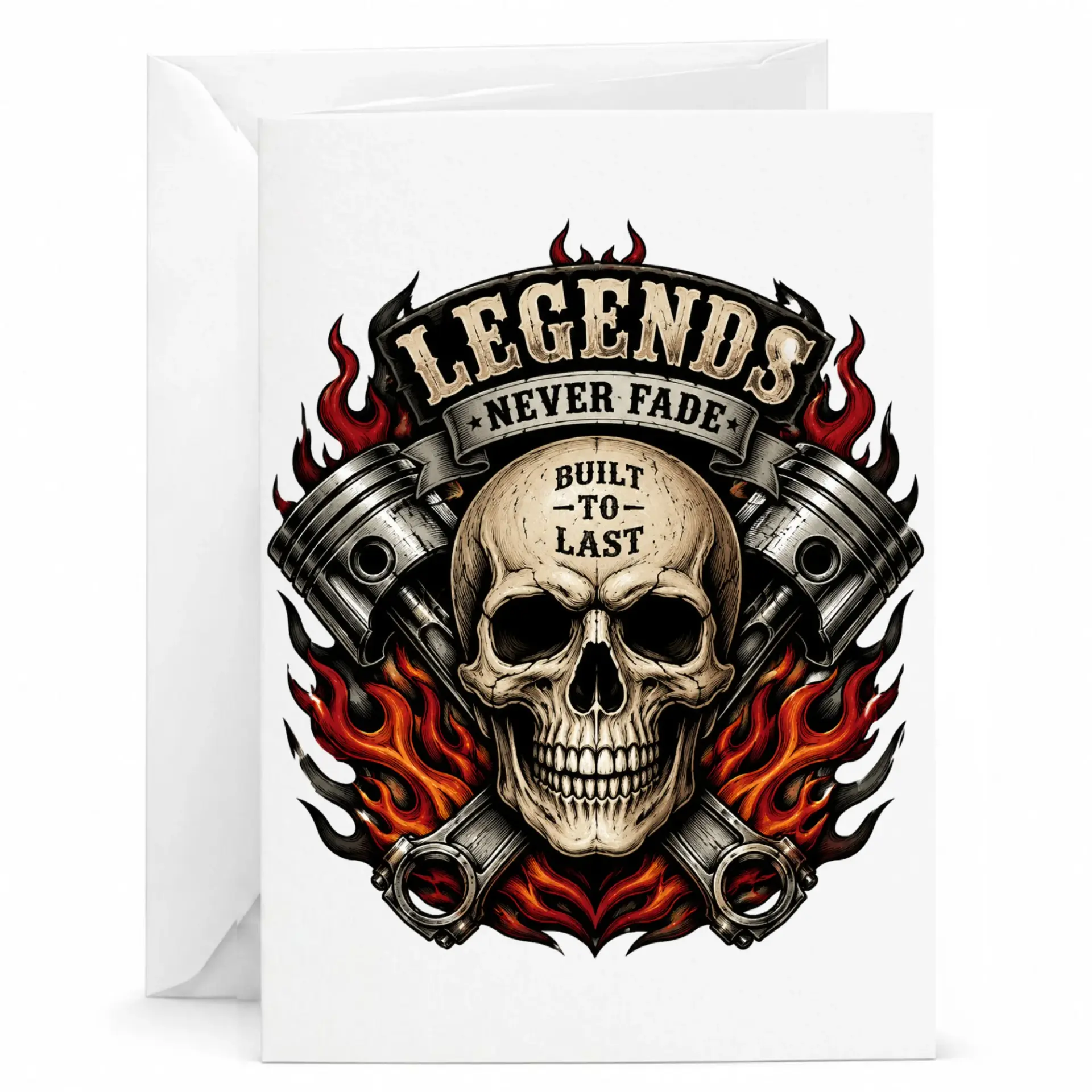 Greeting Card Legends Never Fade Skull and Piston Design Automotive Theme Folded Note for Gearheads and Motorcycle Fans