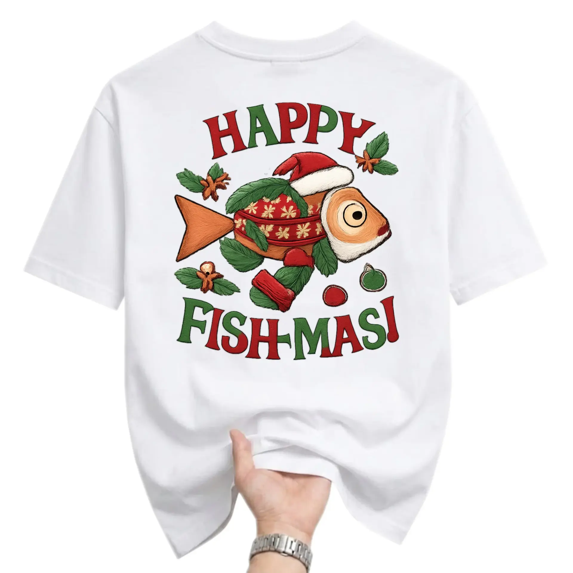 Funny Shirt Happy Fish-Mas Graphic Tee Cute Christmas Sea Holiday Illustration Unisex Cotton Crew Neck Top