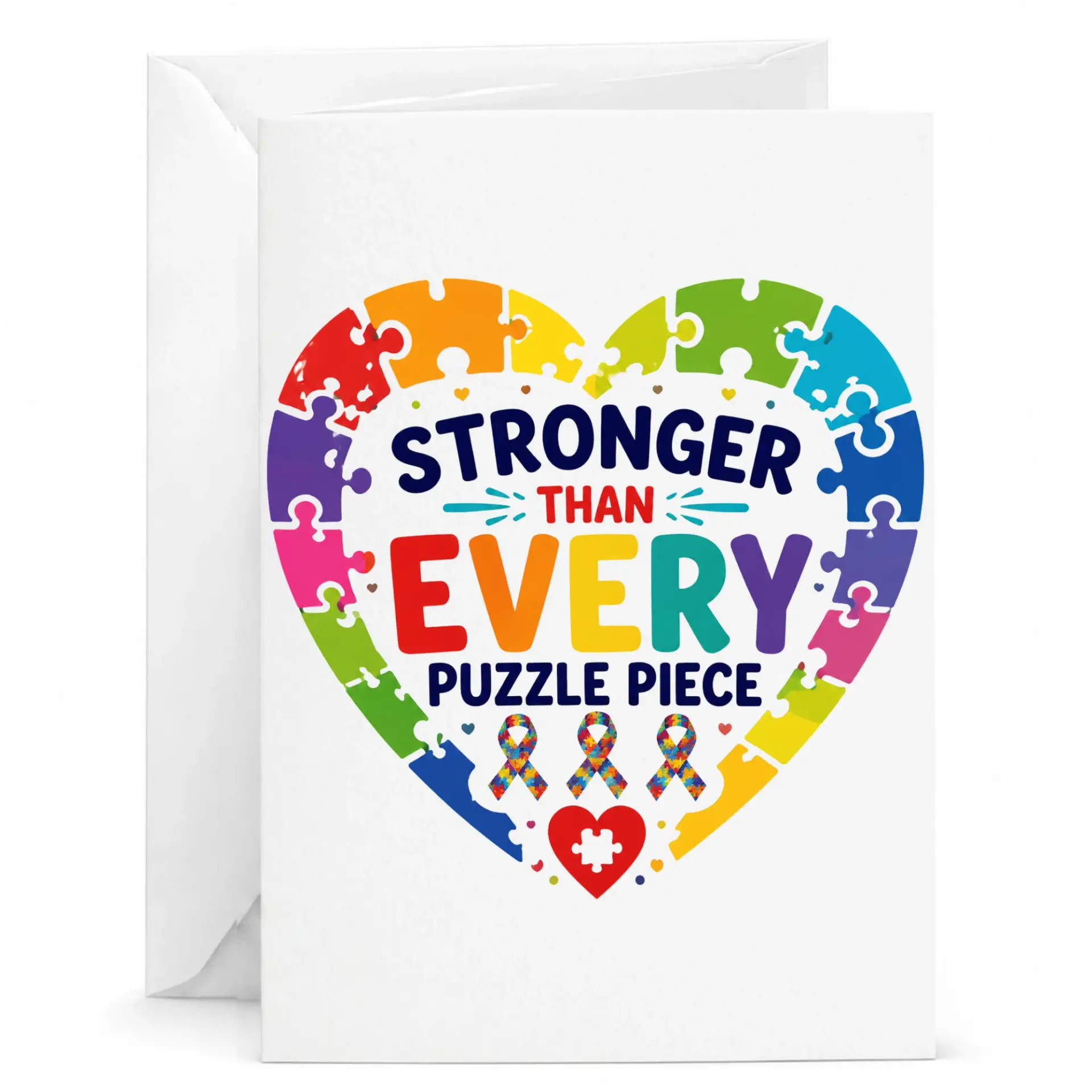 Stronger Than Every Puzzle Piece Greeting Card with Envelope for Encouragement Support and Awareness Celebration