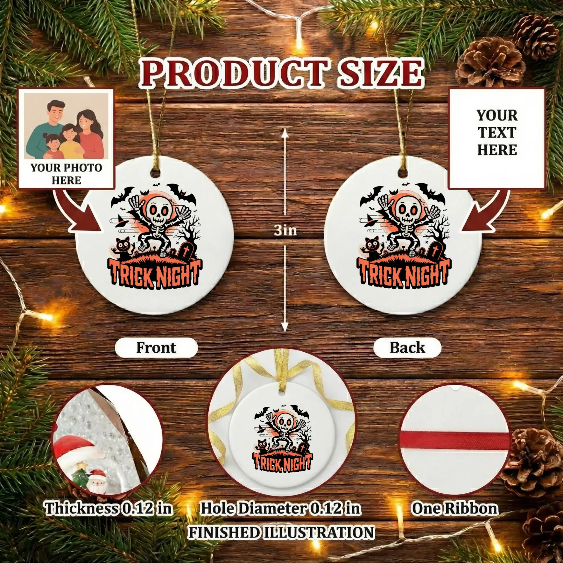 Christmas Ornament Trick Night Skeleton Graphic Ceramic Keepsake Decoration for Holiday Trees and Home Seasonal Decor