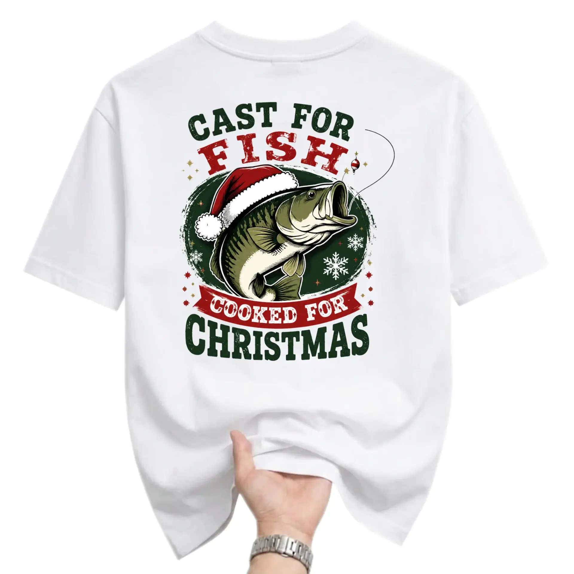 Funny Shirt Cast for Fish Cooked Christmas Graphic Tee Unisex Holiday Fishing Themed Crew Neck Casual Apparel