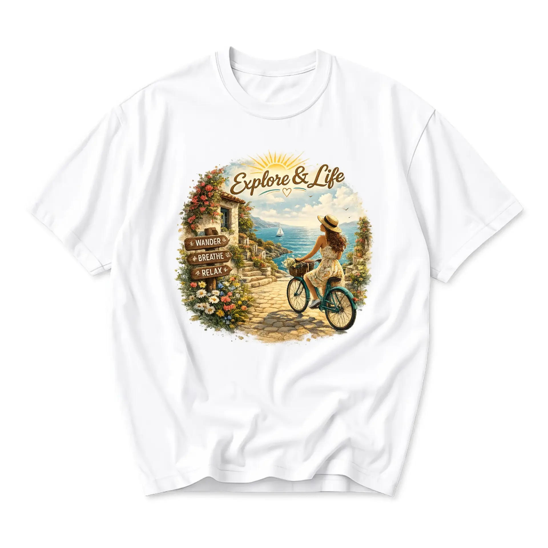 Graphic Tee Explore and Life Coastal Bicycle Scenic Print Unisex Crew Neck Casual Everyday Wear Soft Cotton Shirt