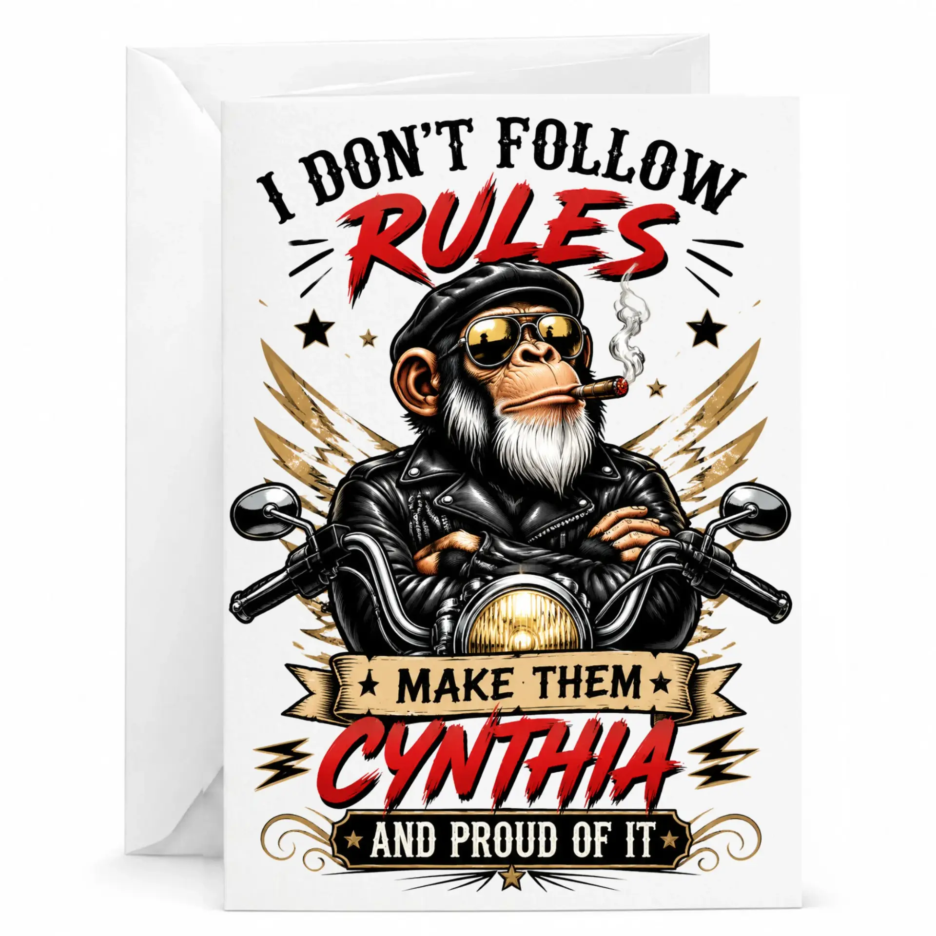 Funny Greeting Card I Don't Follow Rules Make Them Cynthia and Proud of It Motorcycle Biker Ape Design Stationary