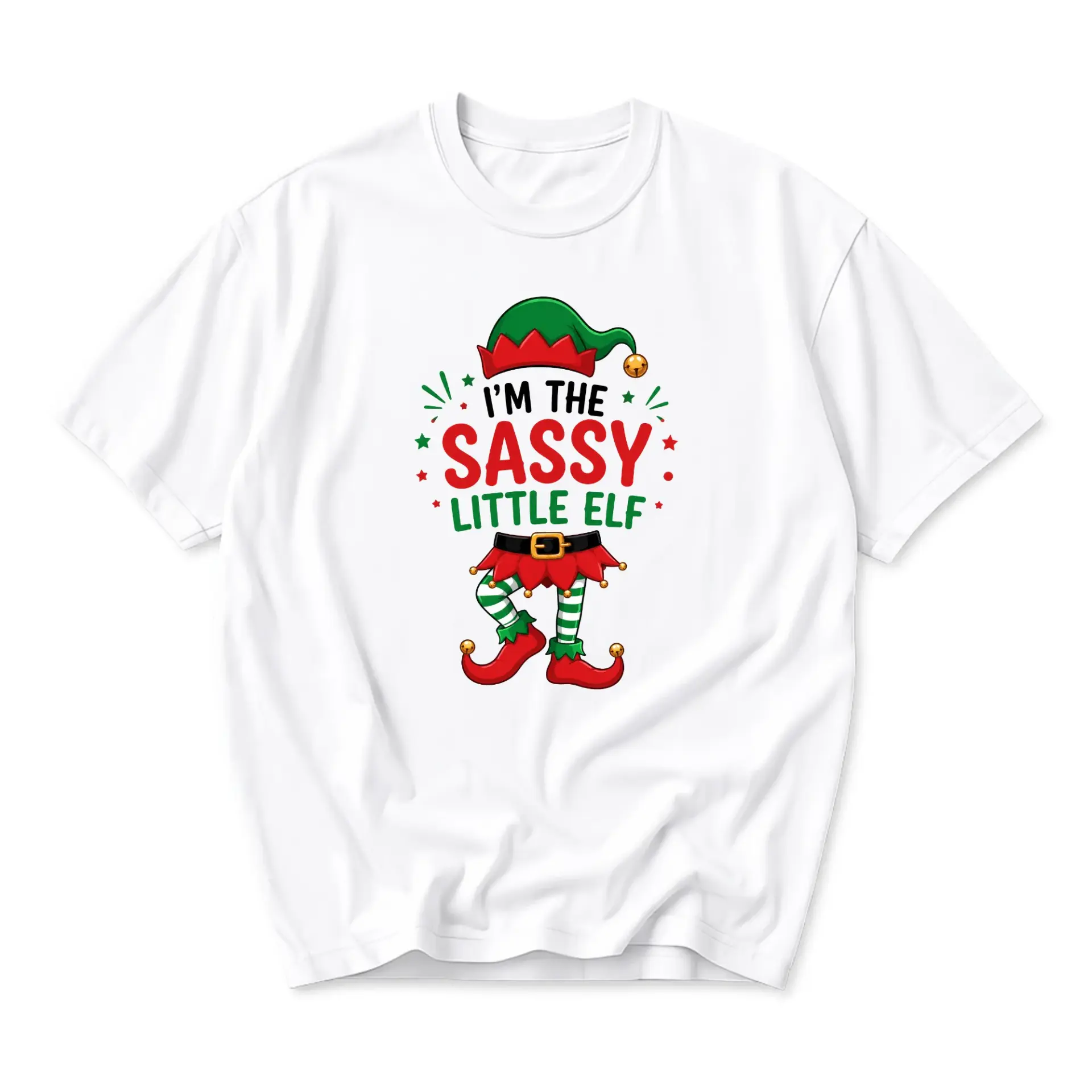 Funny Shirt I Am the Sassy Little Elf Graphic Tee Unisex Crew Neck Short Sleeve Casual Holiday Apparel White T-Shirt