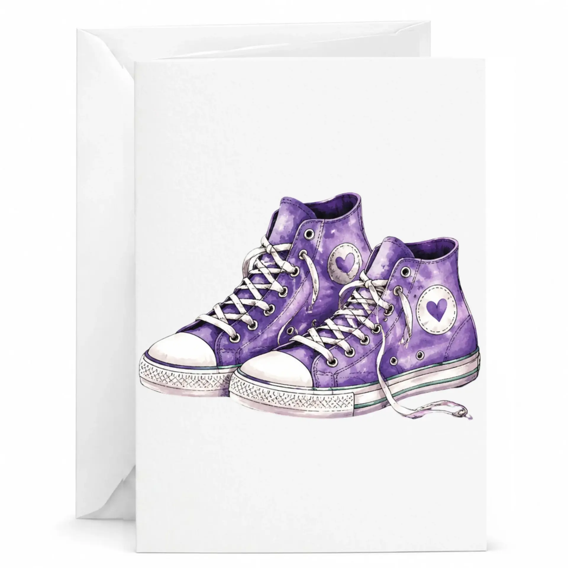 Greeting Card with Watercolor Purple High Top Sneakers Featuring Heart Accents for Any Special Occasion or Celebration