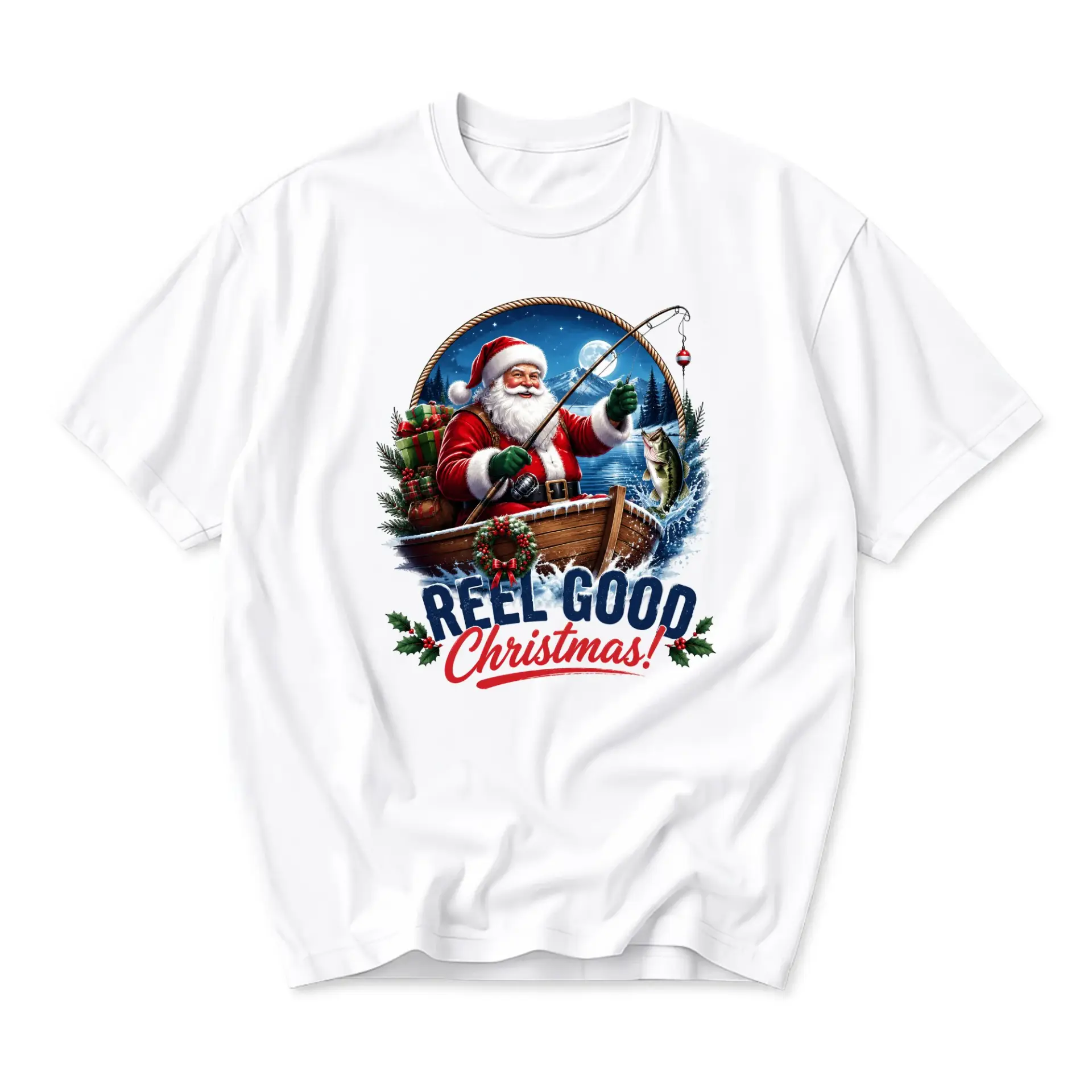 Funny Shirt Reel Good Christmas Santa Claus Fishing Graphic Tee Unisex Short Sleeve Crew Neck Holiday Cotton Top