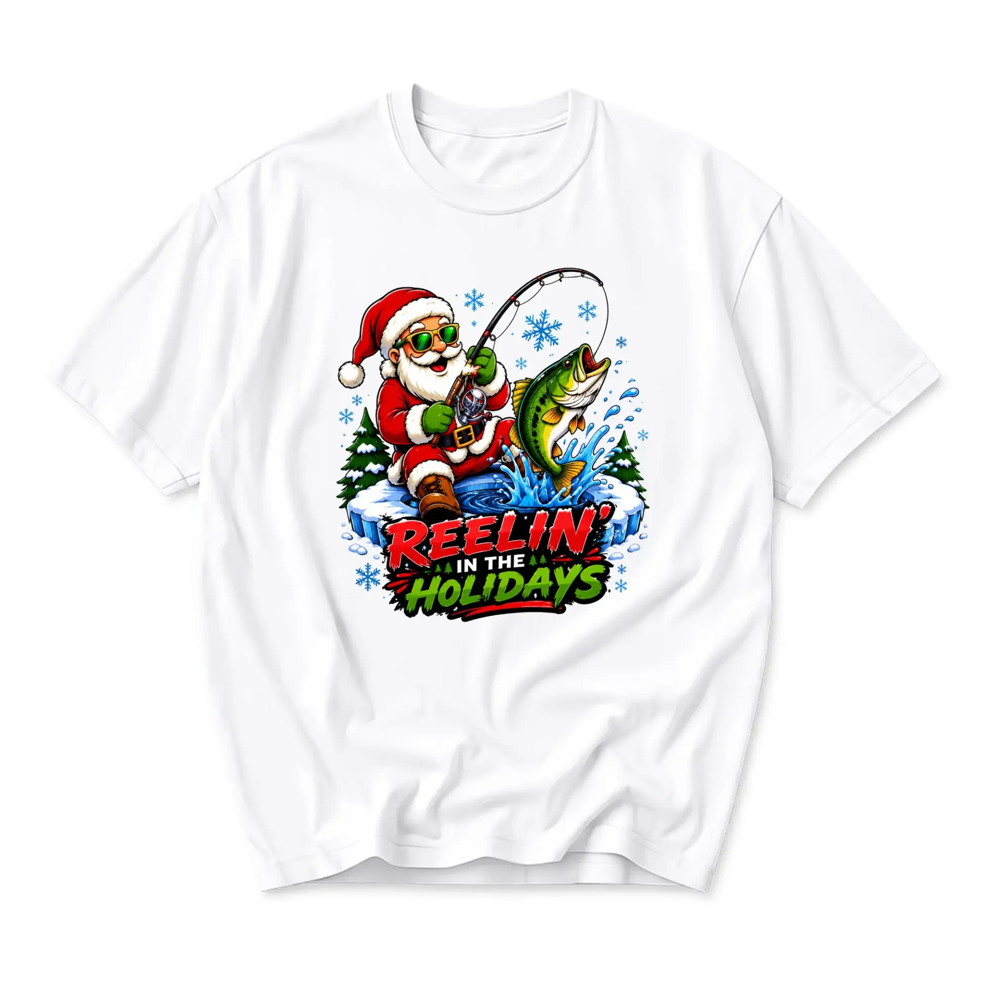 Funny Shirt Reelin in the Holidays Fishing Santa Graphic Tee Casual Unisex